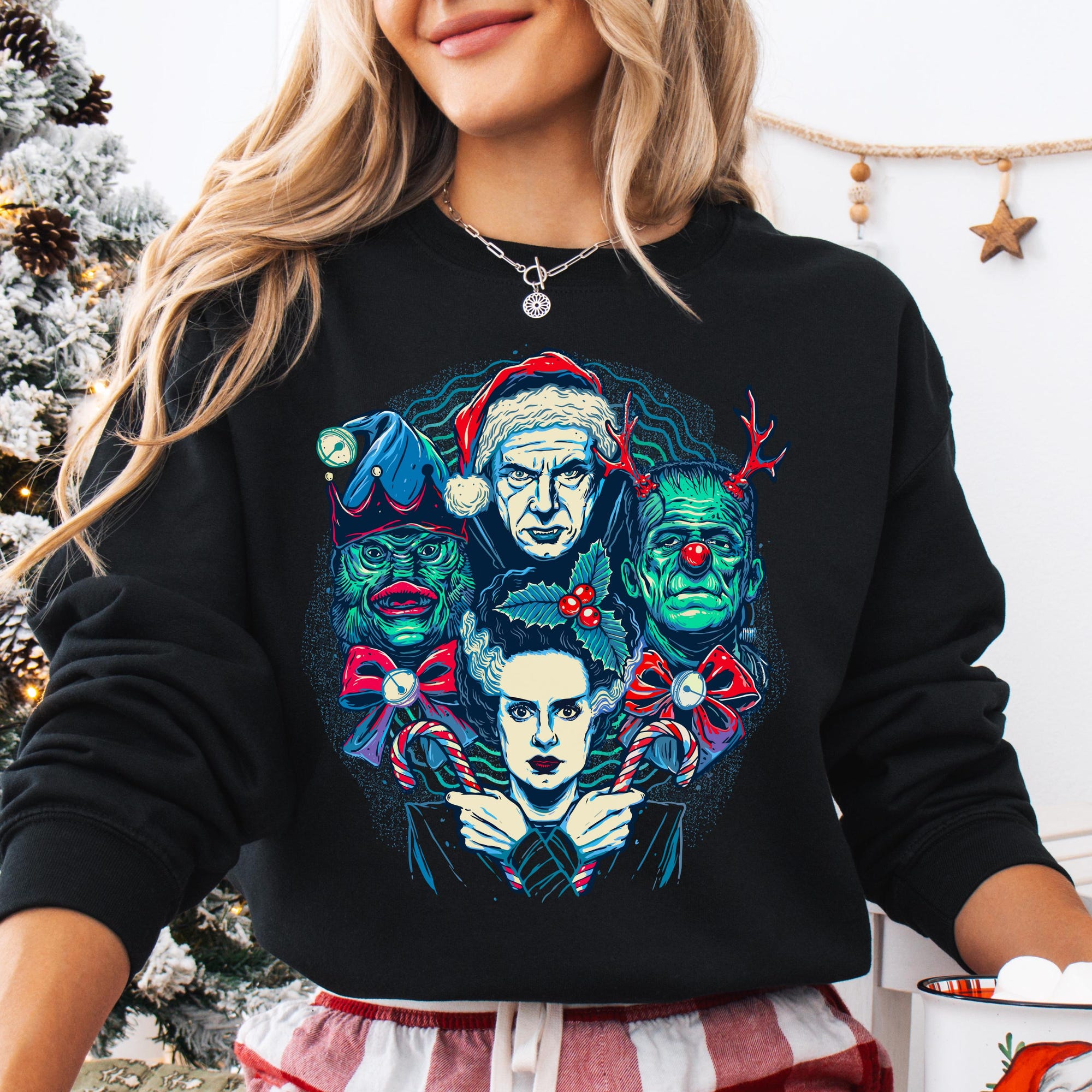 Classic Monsters Christmas Sweatshirt, Dracula, Frankenstein, Bride of Frankenstein, Goth Christmas, Horror Christmas, Alt Christmas, Unisex
