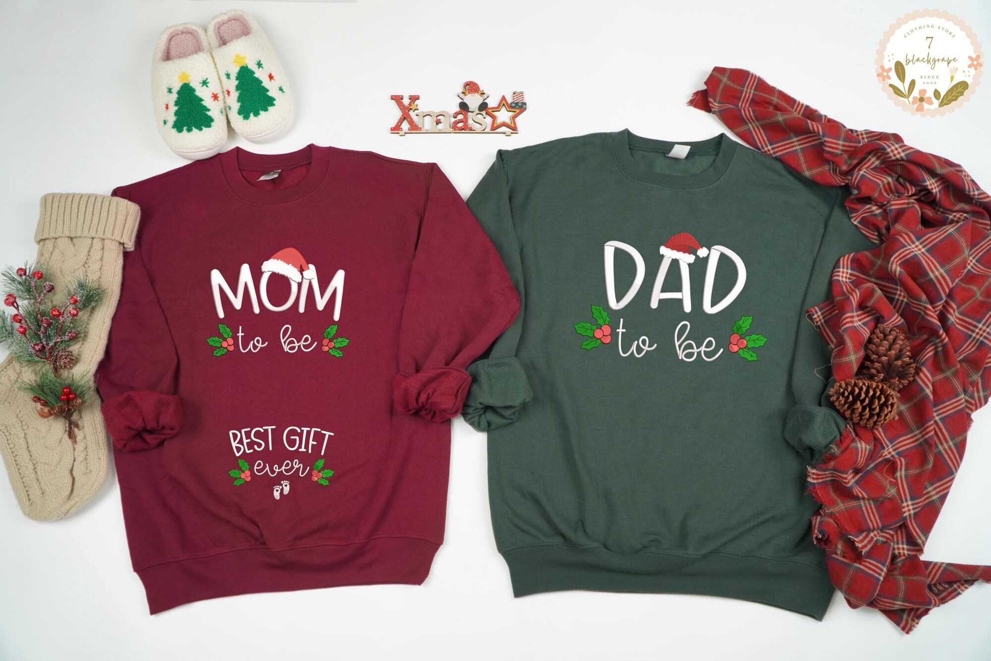 Embroidered Couples Christmas Pregnancy Announcement Sweatshirt, Mom to Be Dad to Be, Couples Xmas Pregnancy Reveal Shirts, Best Gift Ever