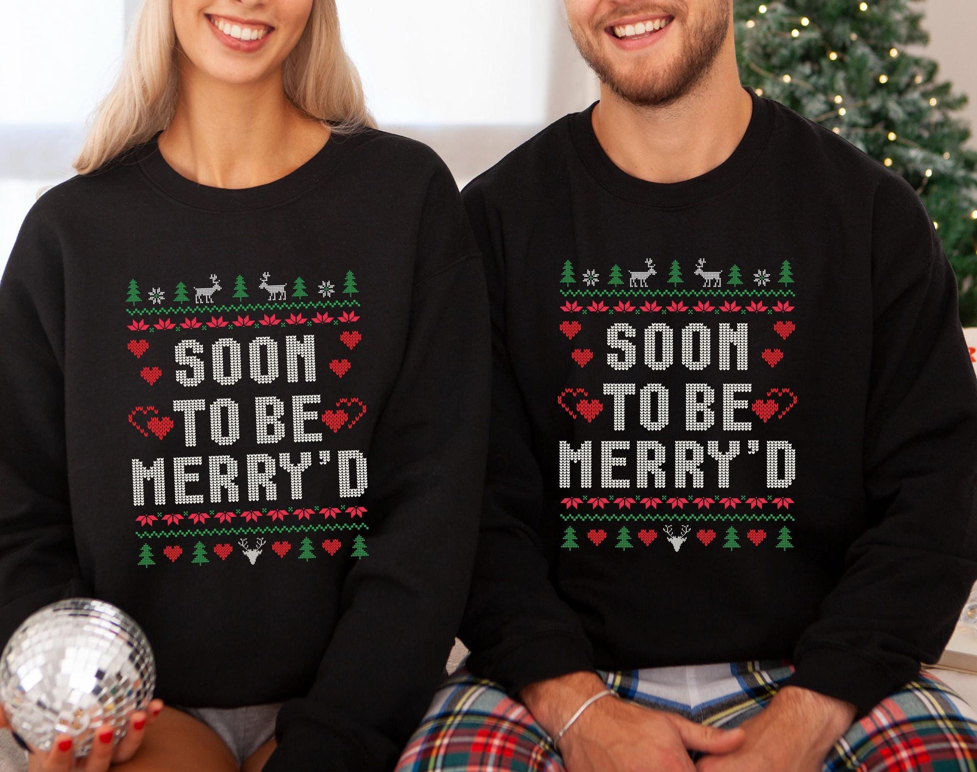 il_2000xN.6442856376_le6a-1.jpg Soon To Be Merry'd Ugly Christmas Sweater, Engaged Matching Couple Funny Gift Bachelorette Bridal Shower Gift Fiancee Gift Engagement News