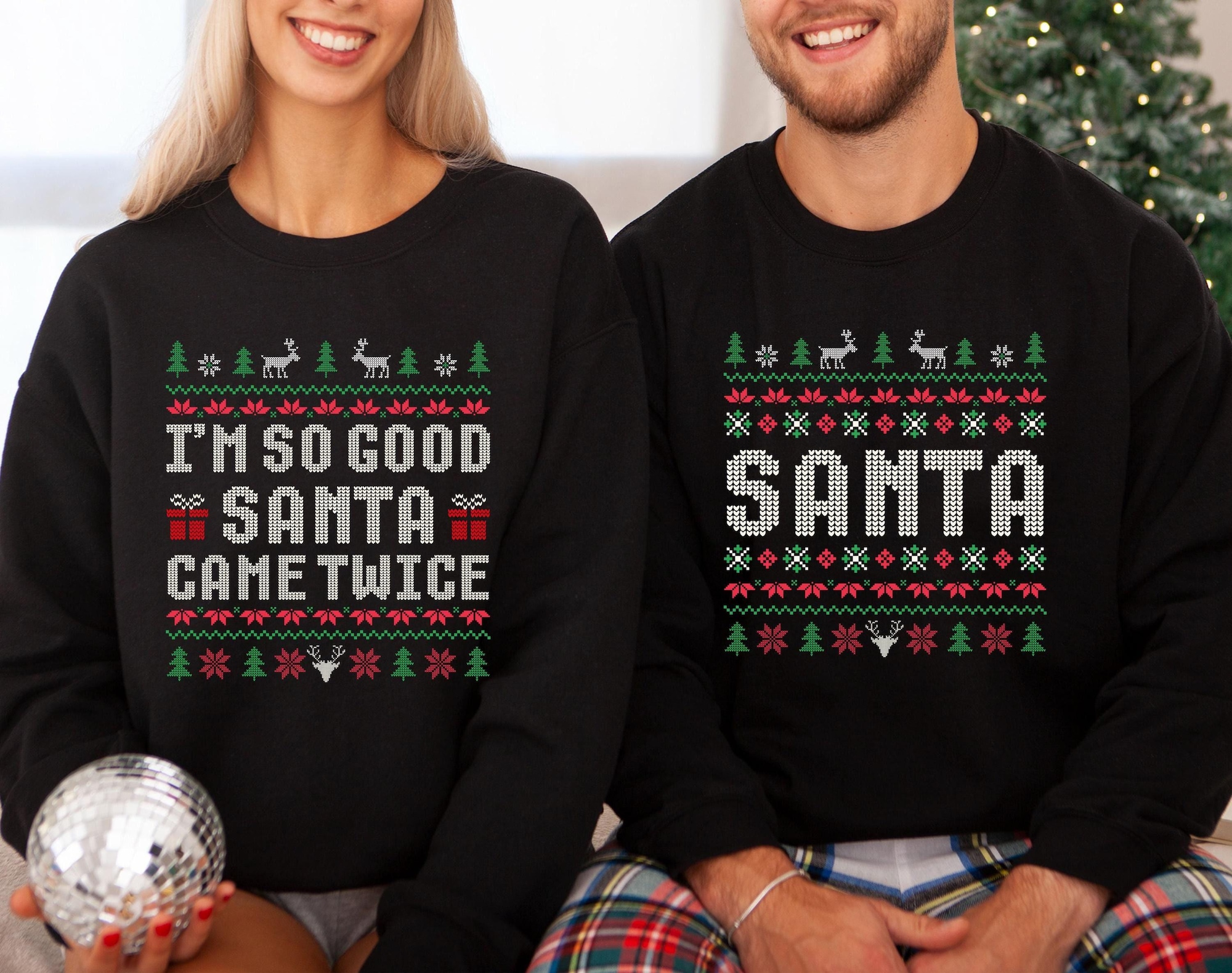 Funny Couple Ugly Christmas Sweater, I’m So Good Santa Came Twice Ugly Sweater Humorous Couples Matching Holiday Party Adult Humor