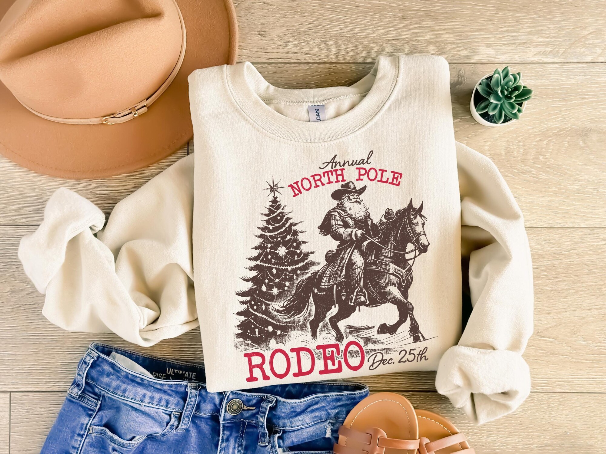 Annual North Pole Rodeo Sweatshirt, Cowboy Santa Hoodie, Horseback Santa Claus, Western Christmas Rodeo Country Crewneck, Retro Santa Rodeo