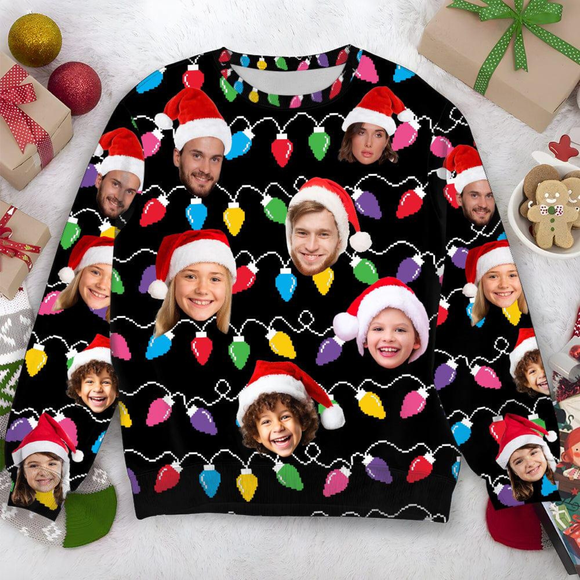 Custom Faces Christmas Lights Ugly Sweater: Personalized Family Photo Gift