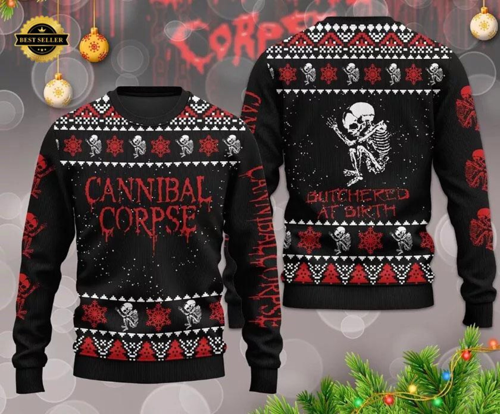 Cannibal Corpse Ugly Christmas Sweater – Metal Band Holiday Sweater with Butchered at Birth Design