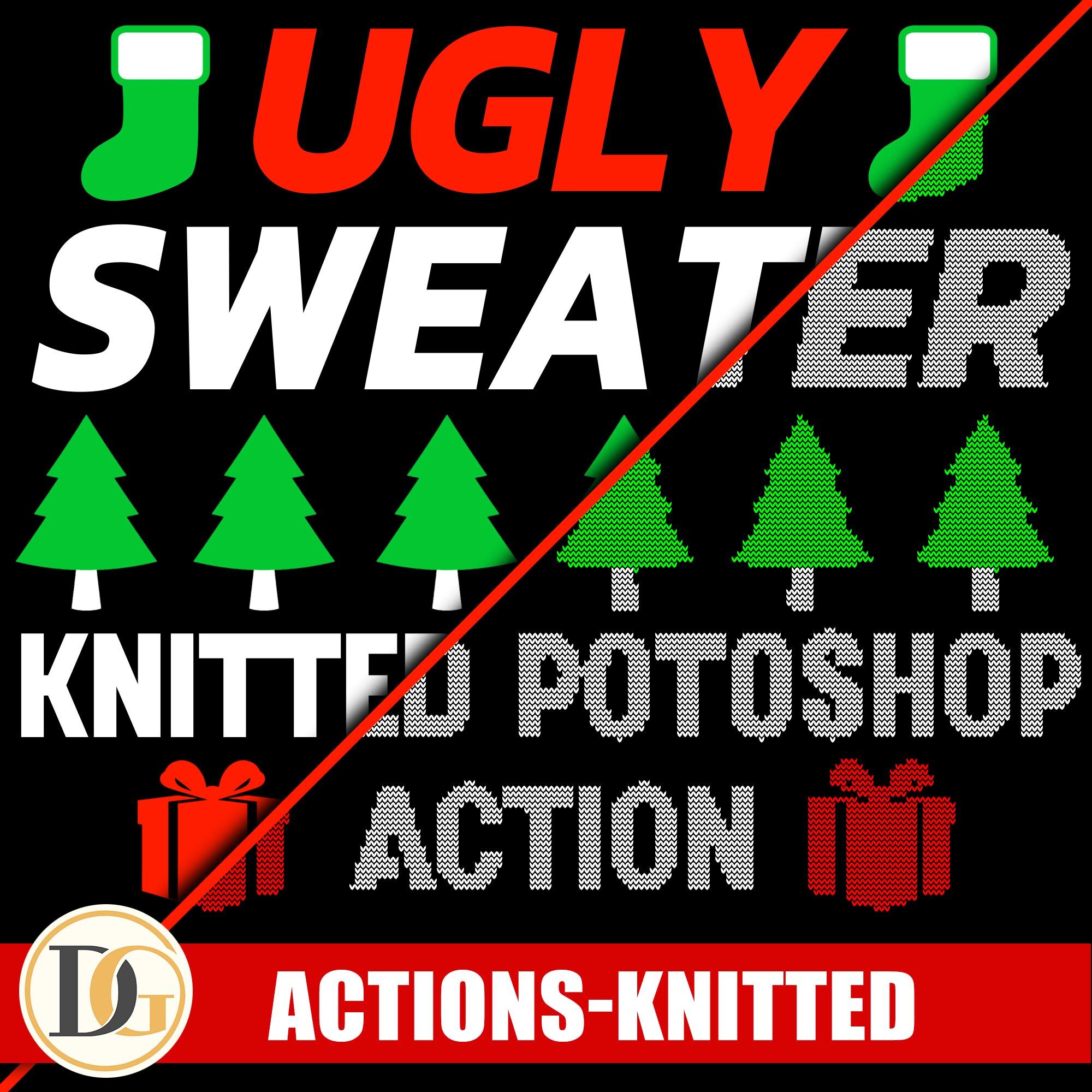 Design sweater, wool pattern with Photoshop Action, Ugly Christmas Sweater Photoshop Action. Christmas Ugly Sweater Knitted Photoshop Action