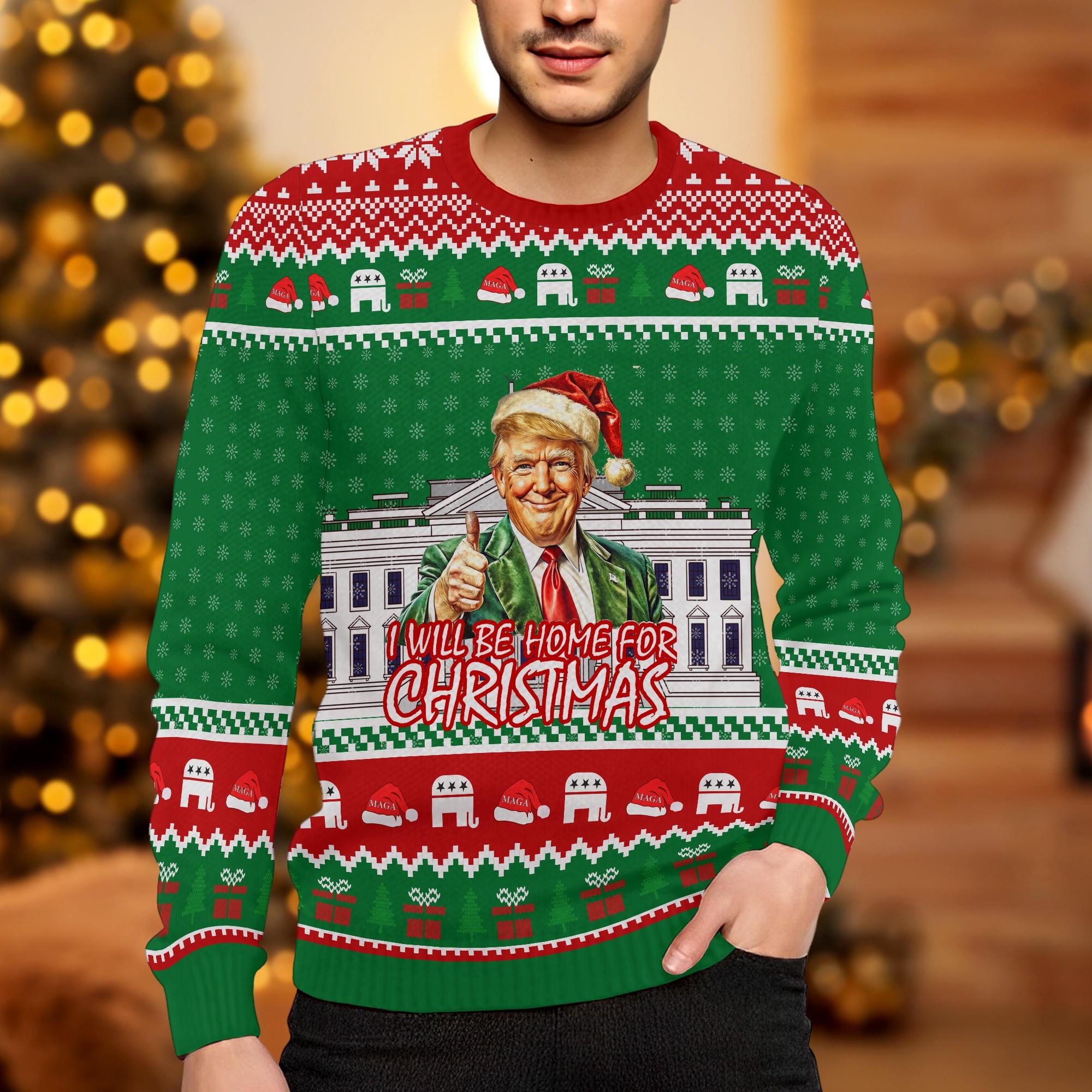il_2000xN.6455397491_swm4.jpg Trump I'll Be Home for Christmas Ugly Sweater, Humorous Trump Christmas Sweater, President Trump 45 47, My President Trump, Election 2024