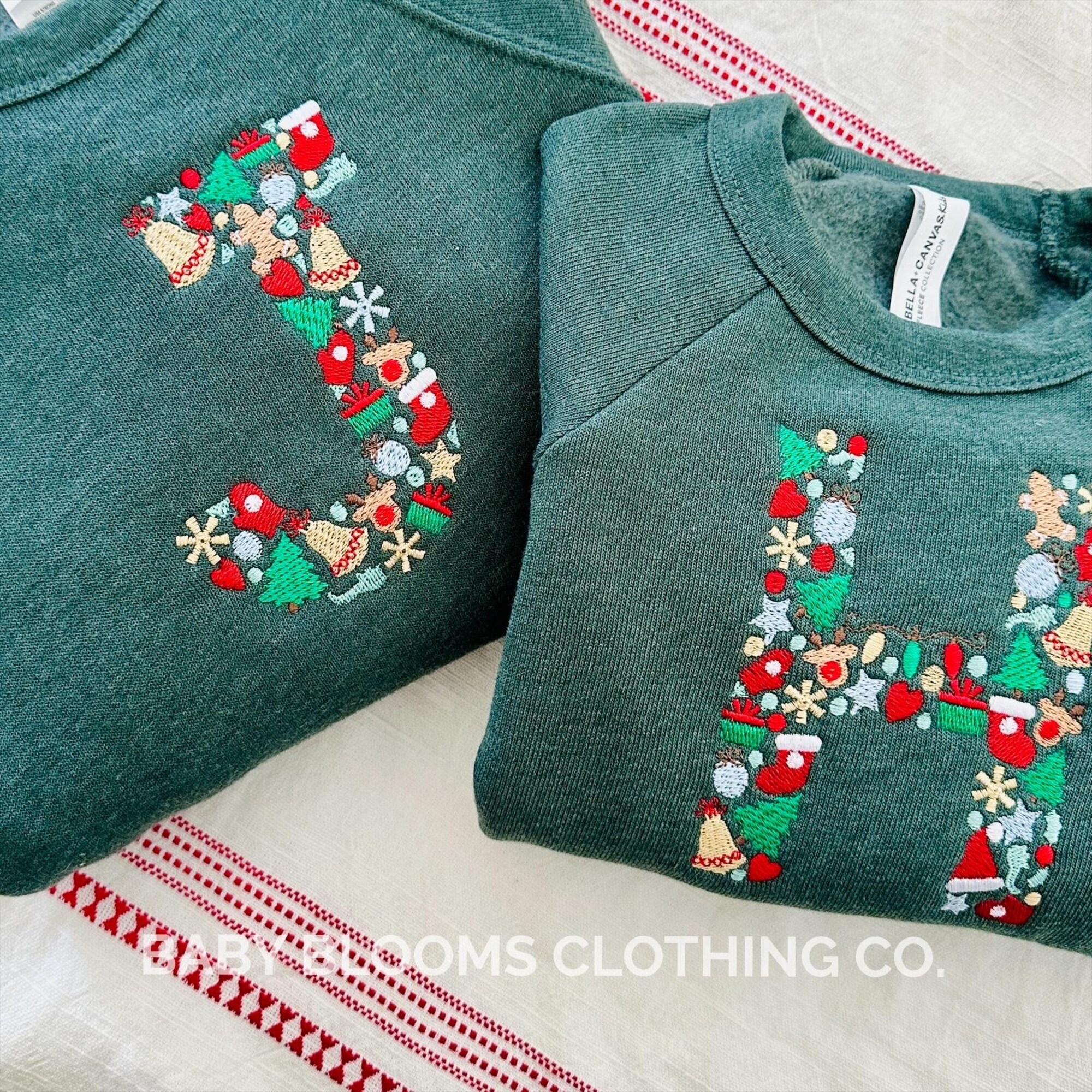Christmas Initial Custom Embroidered Pullover Sweatshirt for Baby Toddler Kids | Christmas Sibling Outfits