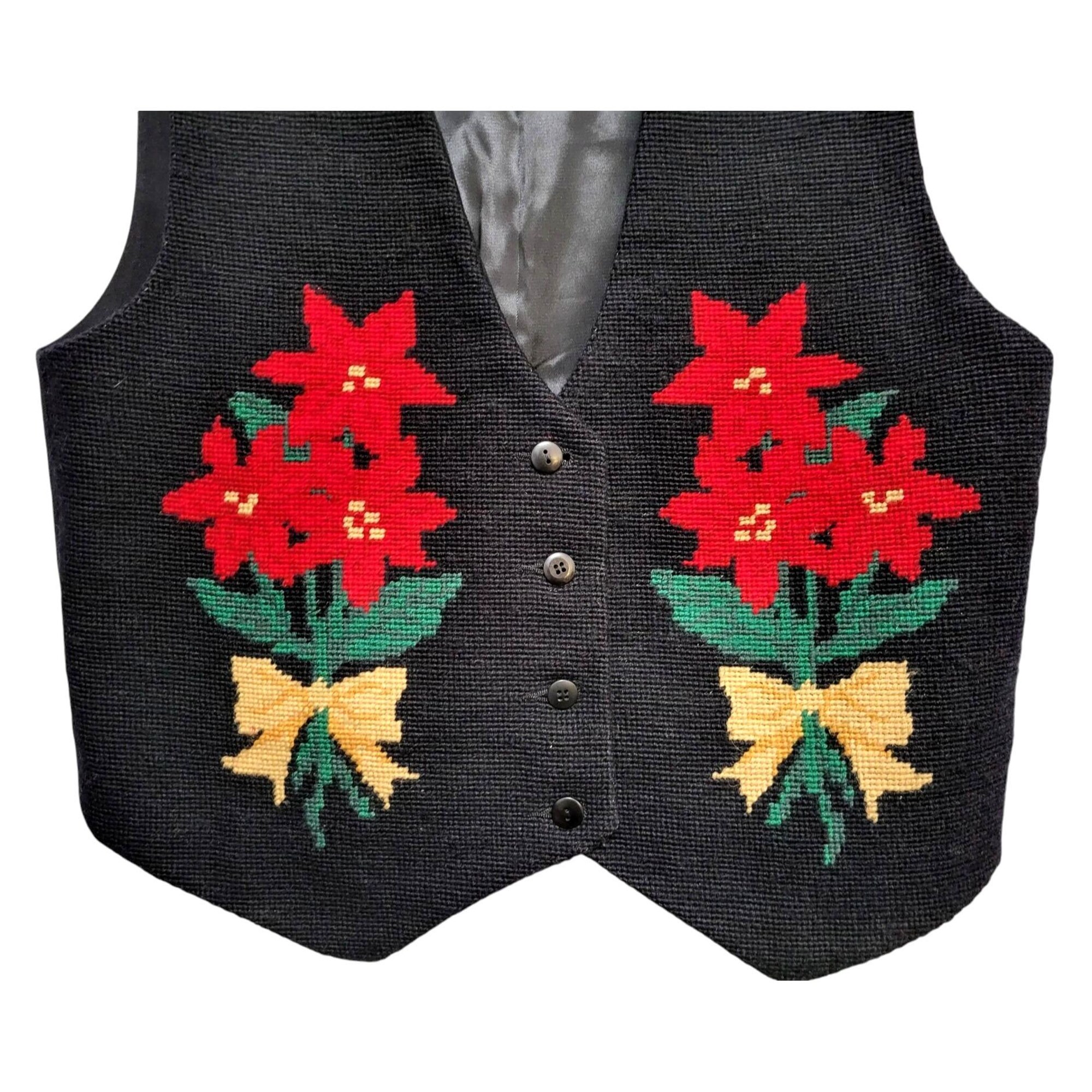 il_2000xN.6457764250_o887.jpg 1990s Vintage Eagles Eye Holiday Poinsettia Vest, Black Wool Needlepoint Waistcoat, Red Christmas Flowers, Ugly Sweater Party Attire
