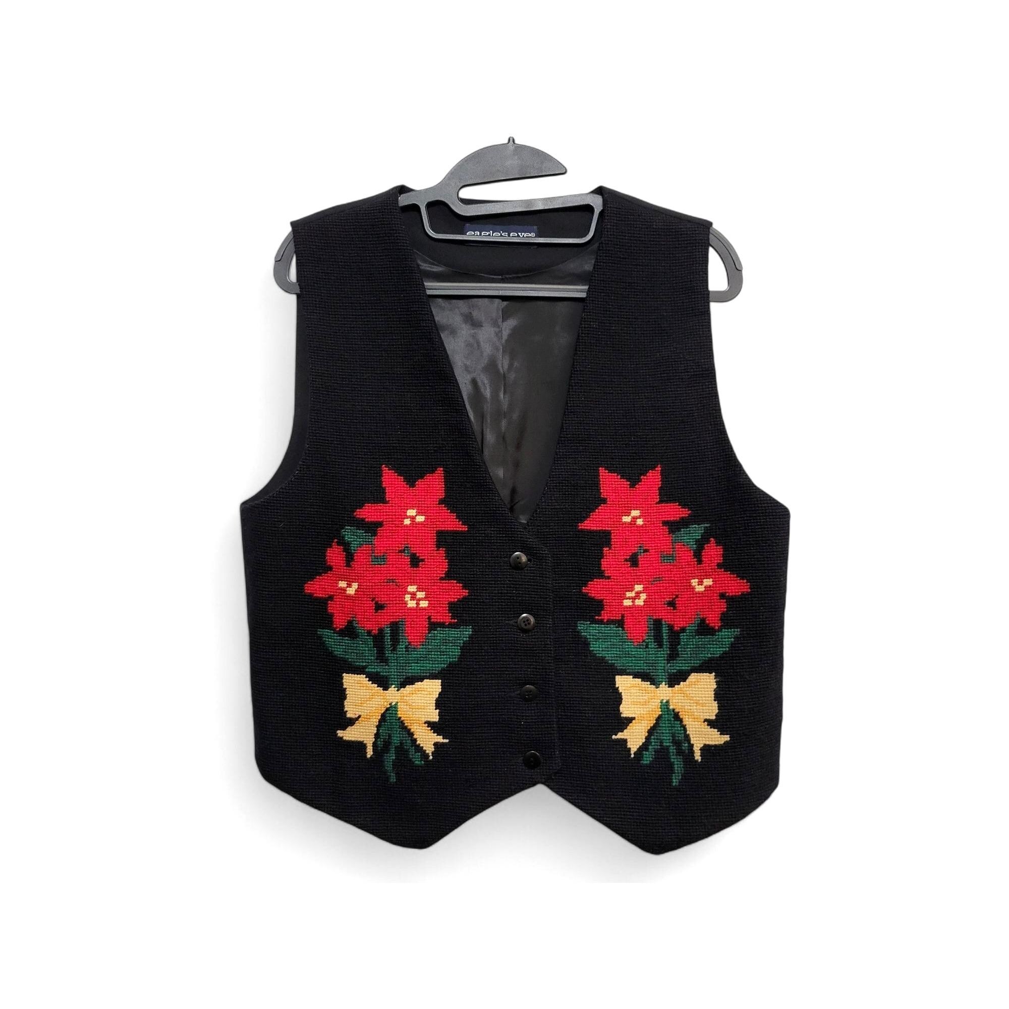 il_2000xN.6457764338_m44h.jpg 1990s Vintage Eagles Eye Holiday Poinsettia Vest, Black Wool Needlepoint Waistcoat, Red Christmas Flowers, Ugly Sweater Party Attire