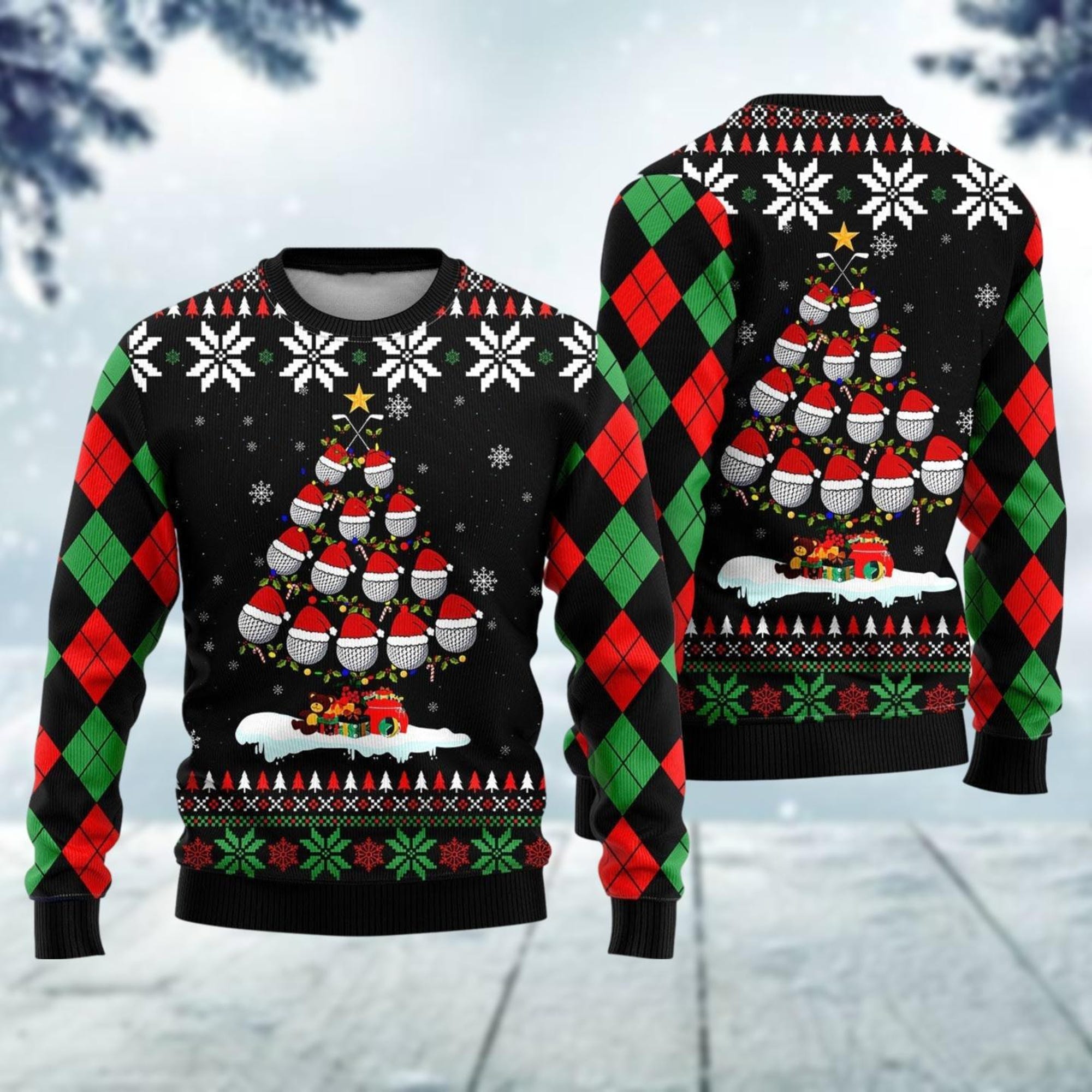 Golf Christmas Tree Ugly Christmas Sweater, Snowflake Xmas Sweater, Funny Santa Claus Sweater, Sweater For Men, Winter Gift