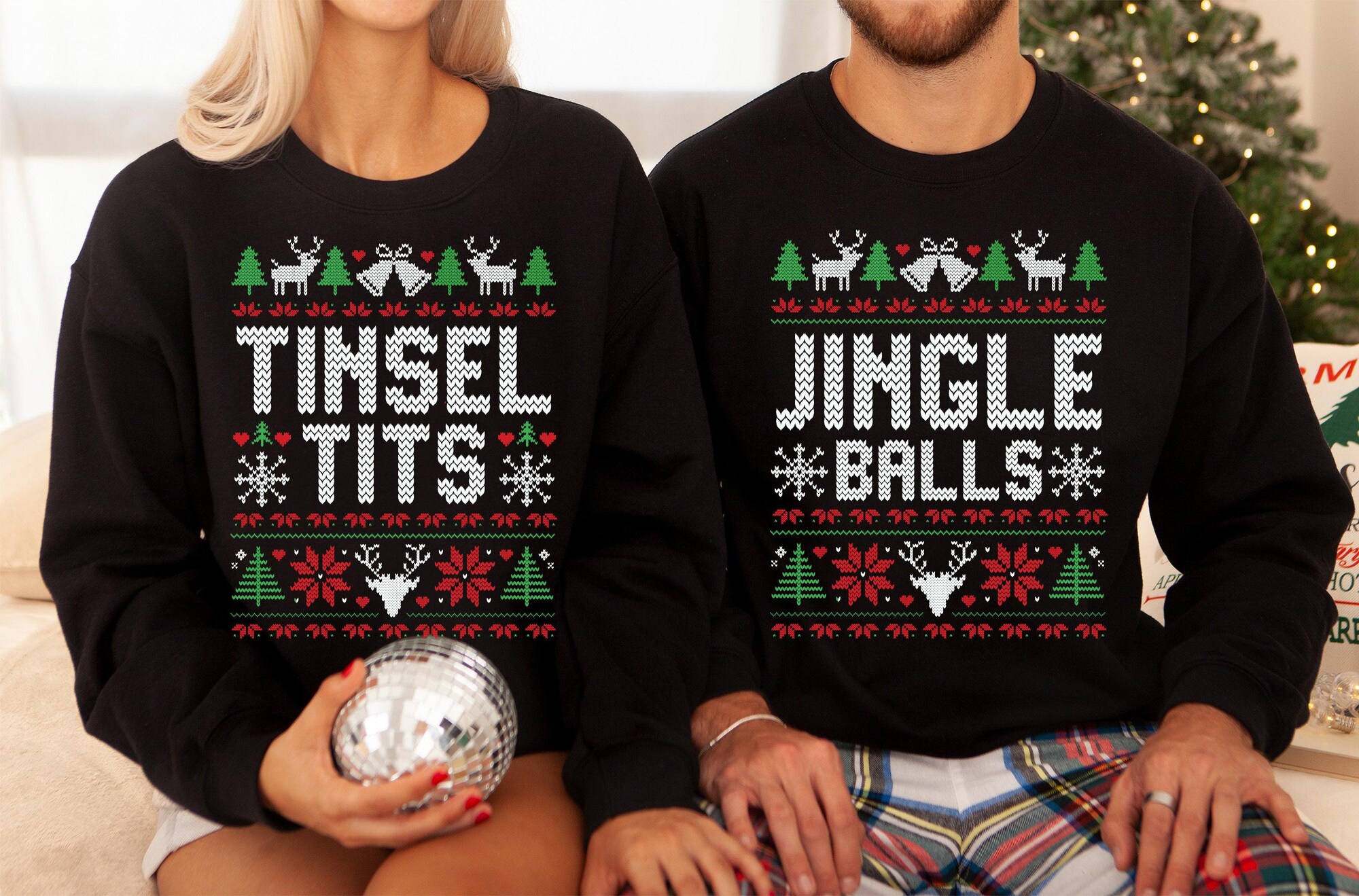 Funny Couples Ugly Christmas Sweater, Unisex Couples Matching Ugly Christmas Sweater, Where My Ho’s At, *Sold Seperately*