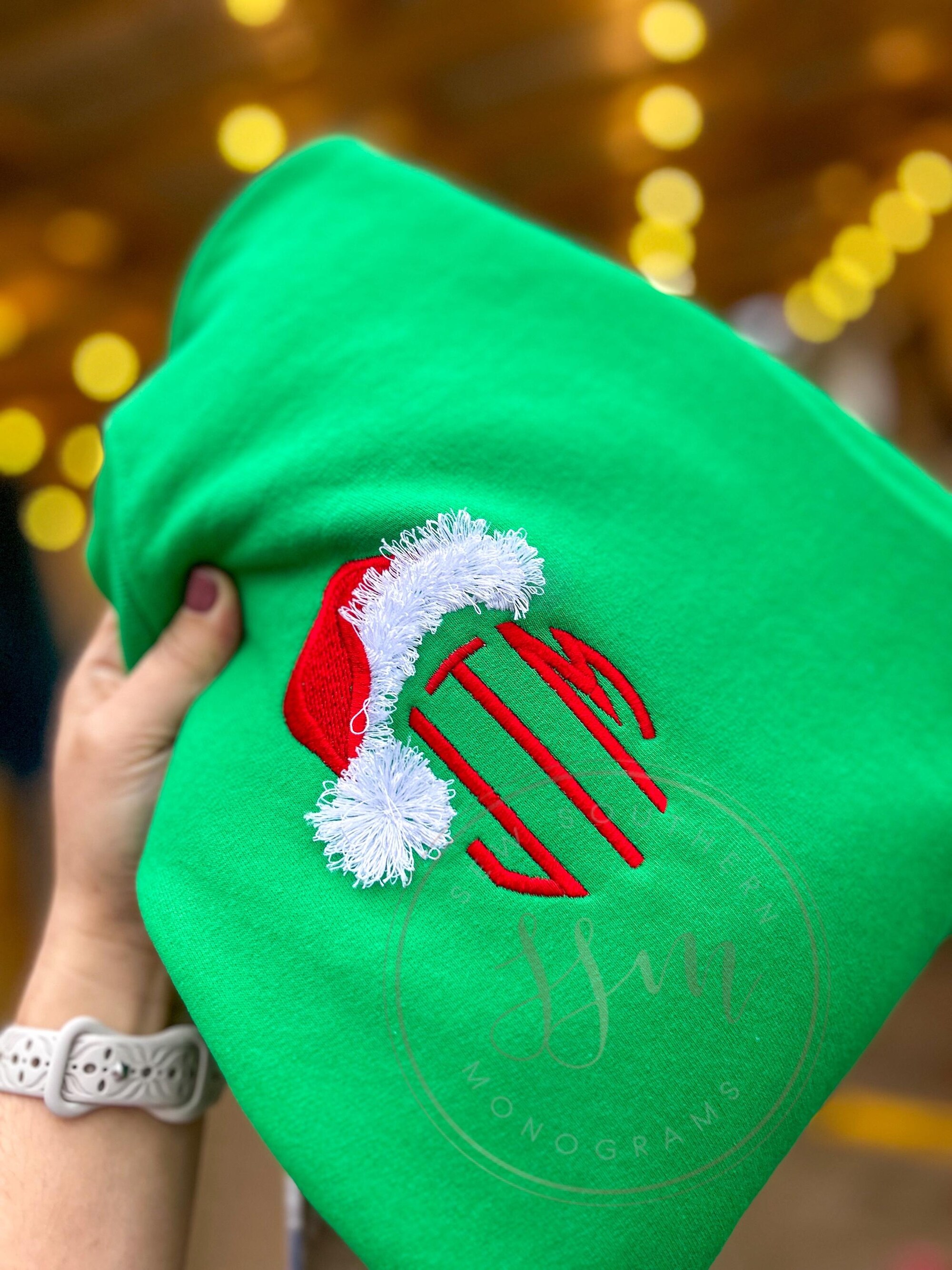 Fringed Santa hat crew neck sweatshirt with monogram- Santa Claus, Christmas