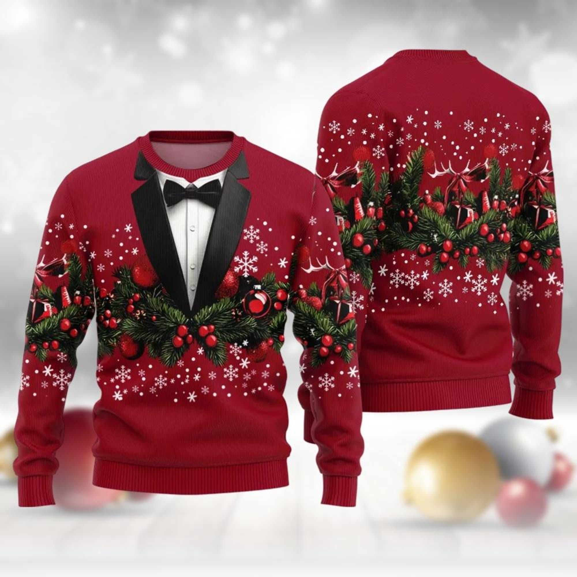 Men’s Red Suit Ugly Sweater, Funny Holiday Tuxedo Style With Bow Tie, Perfect For Parties, Winter Season Outfit For Men,