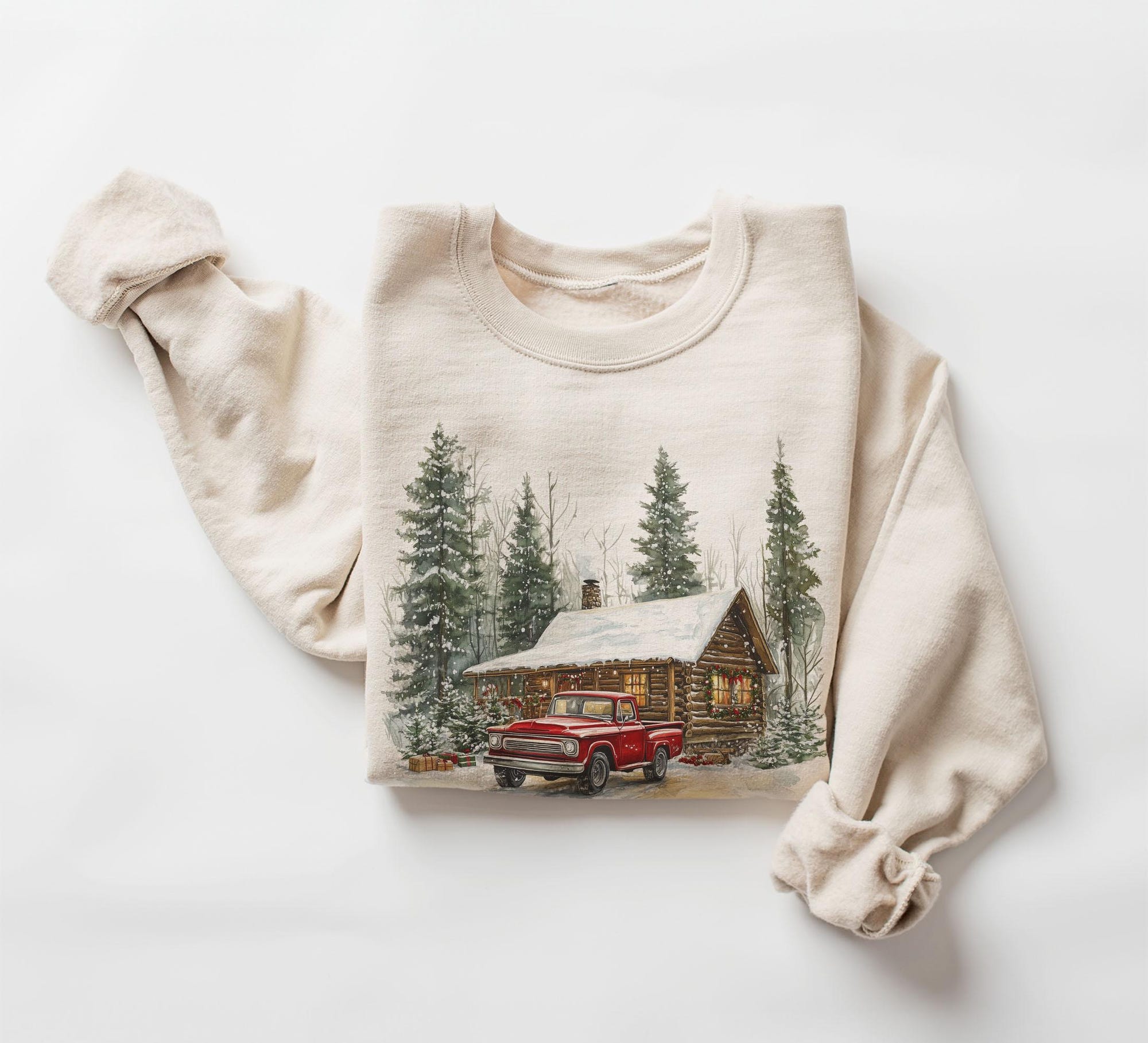 Retro Christmas Red Pickup Truck Winter Cabin Sweatshirt – 90s Mountain Pine Trees Snowy Day Outfit – Boho Unisex Crewneck Sweatshirt