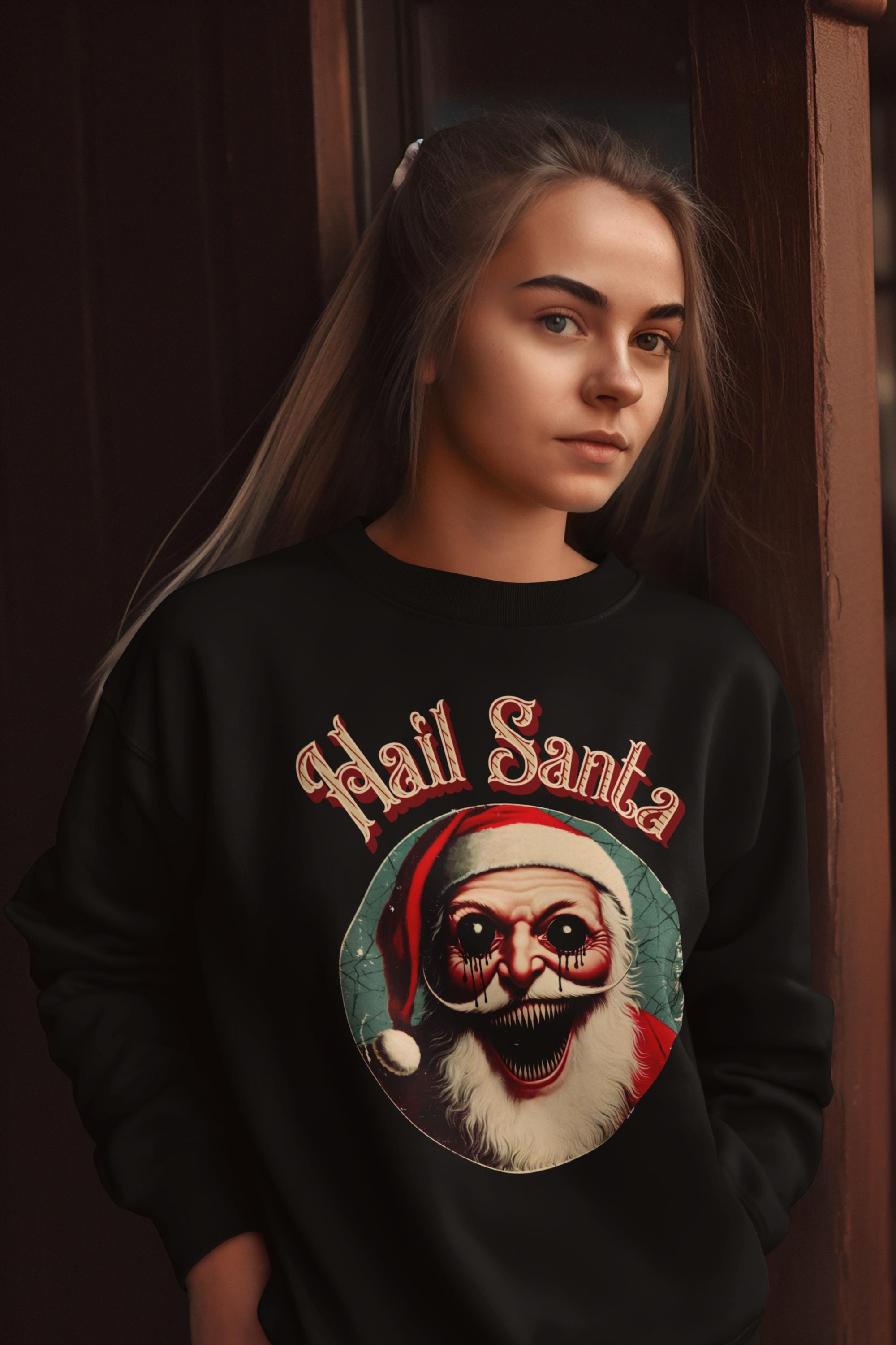 il_2000xN.6466153068_ozmv-1.jpg Hail Santa Sweatshirt, Gothic Christmas Crewneck, Vintage Merry Creepmas Jumper, Dark Twist Xmas Pullover, Sinister Santa Claus Gift Idea