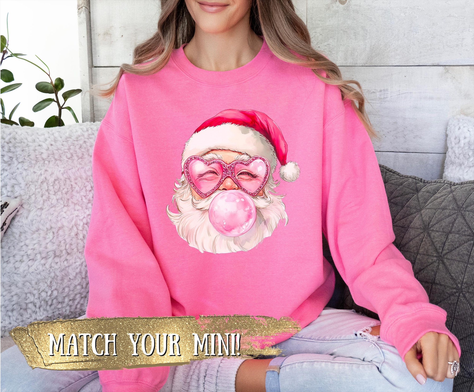 Women’s Christmas Sweatshirt | Pink Santa Claus Sweatshirt | Vintage Santa Bubble Sweatshirt Christmas Gift | Mama & Mini Sweatshirts