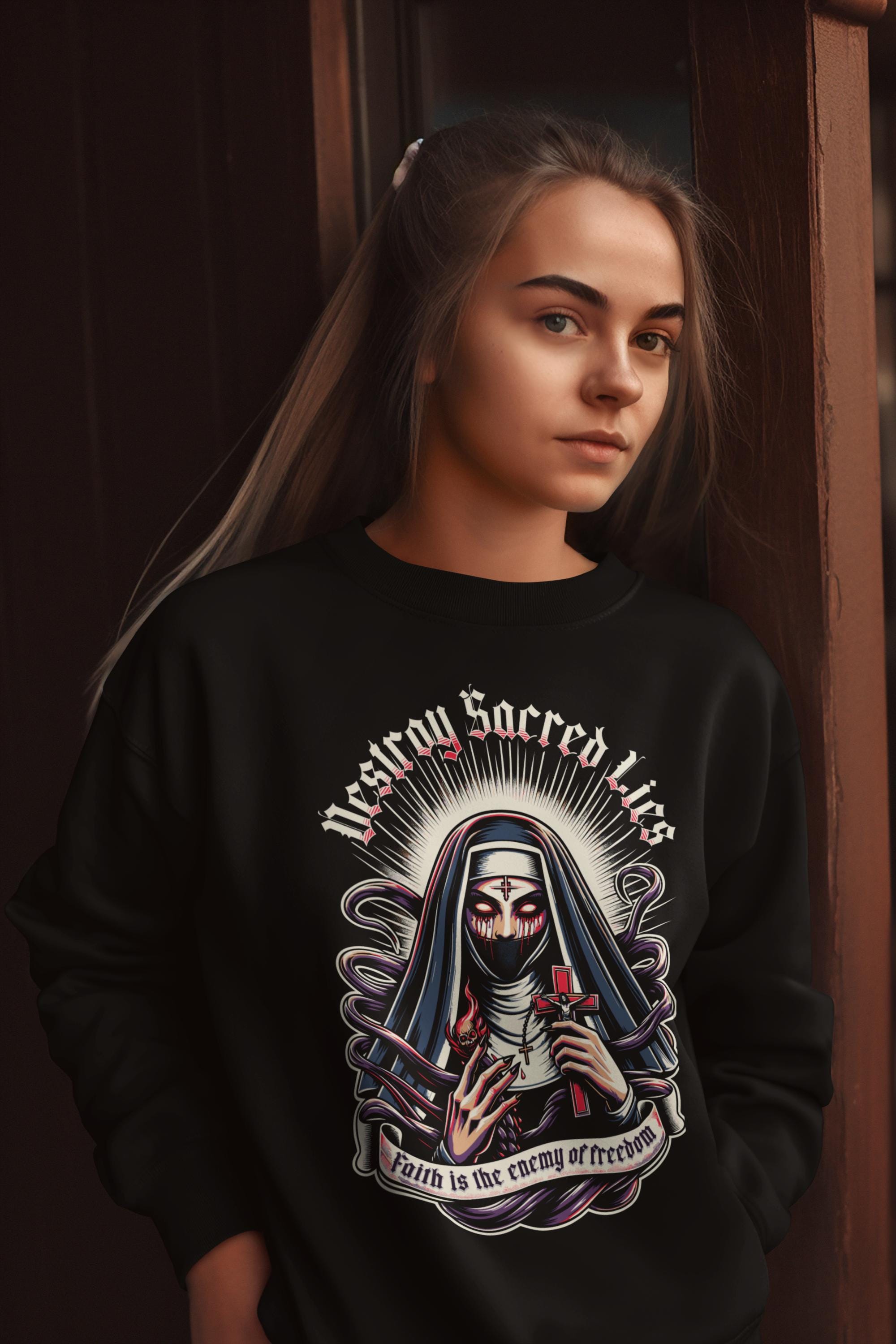 il_2000xN.6468207606_diw6-1.jpg Women's Gothic Sweatshirt, Anti-Religion Clothing, Unisex Crewneck Jumper, Sinister Nun Design, Anti-Churh Gift for Her, Atheist Apparel