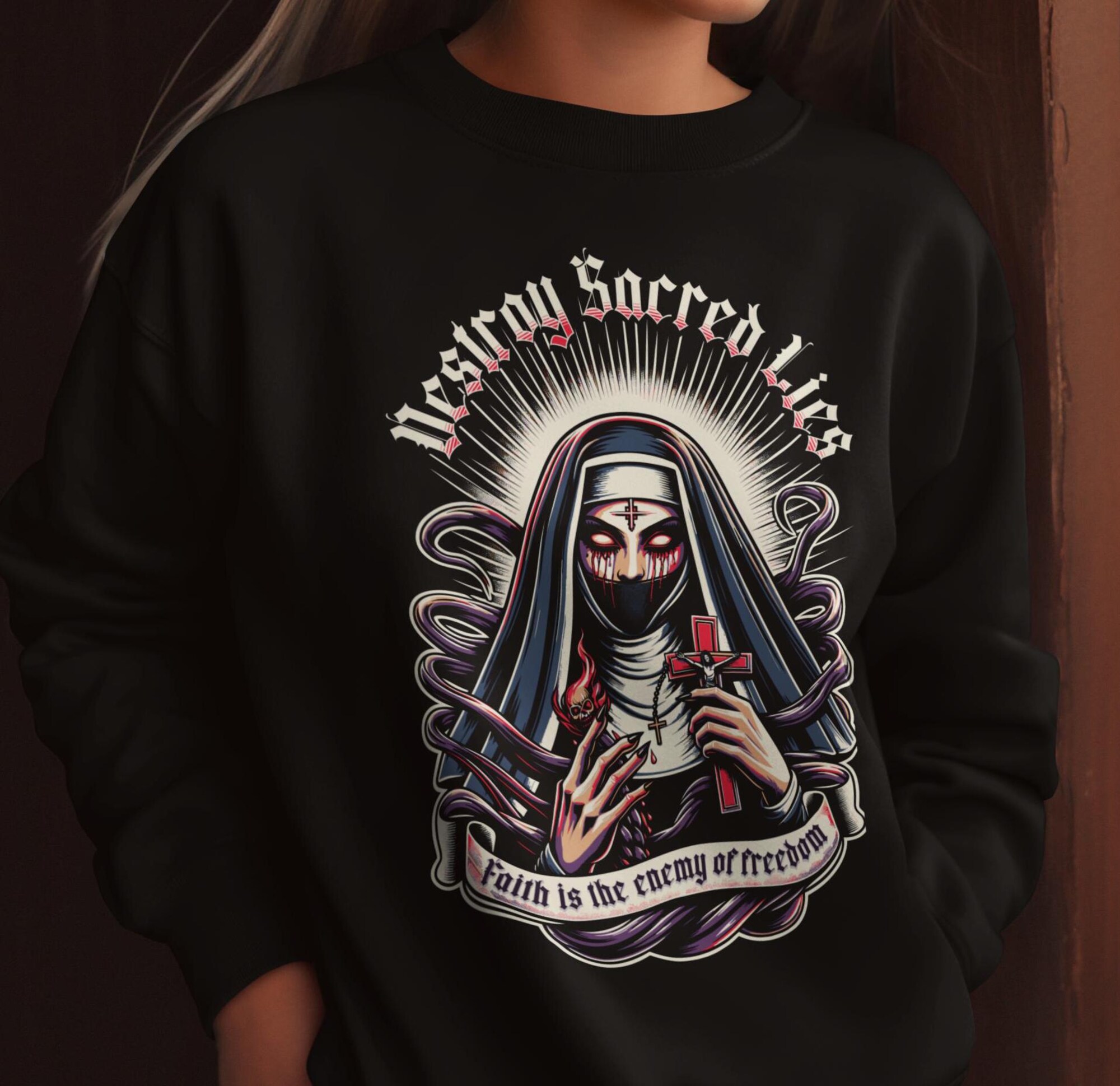 Women’s Gothic Sweatshirt, Anti-Religion Clothing, Unisex Crewneck Jumper, Sinister Nun Design, Anti-Churh Gift for Her, Atheist Apparel