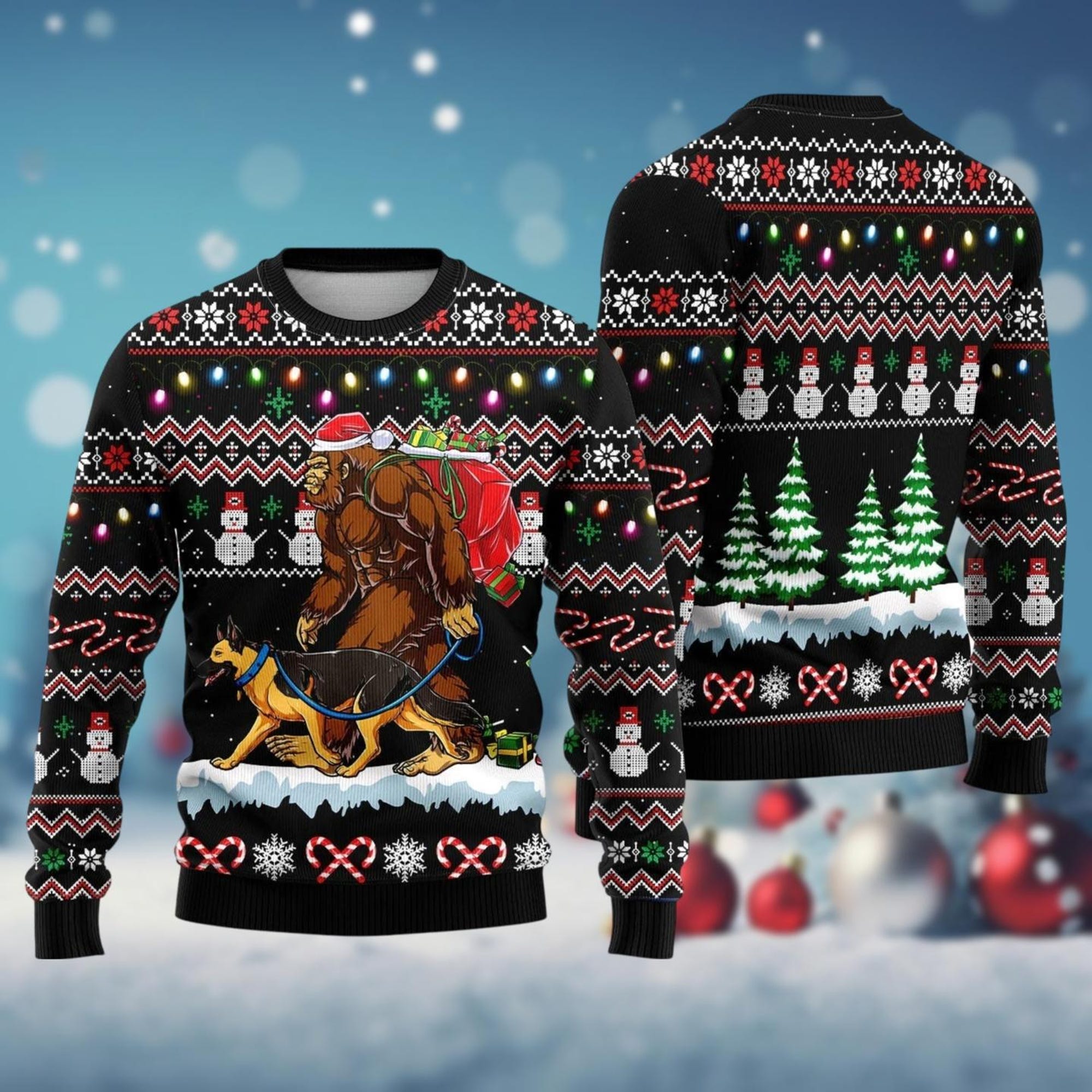 Bigfoot And Dog Walking Ugly Christmas Sweater, Sasquatch Holiday Sweater, Christmas Tree Lights Xmas Sweater, German Shepherd Sweater