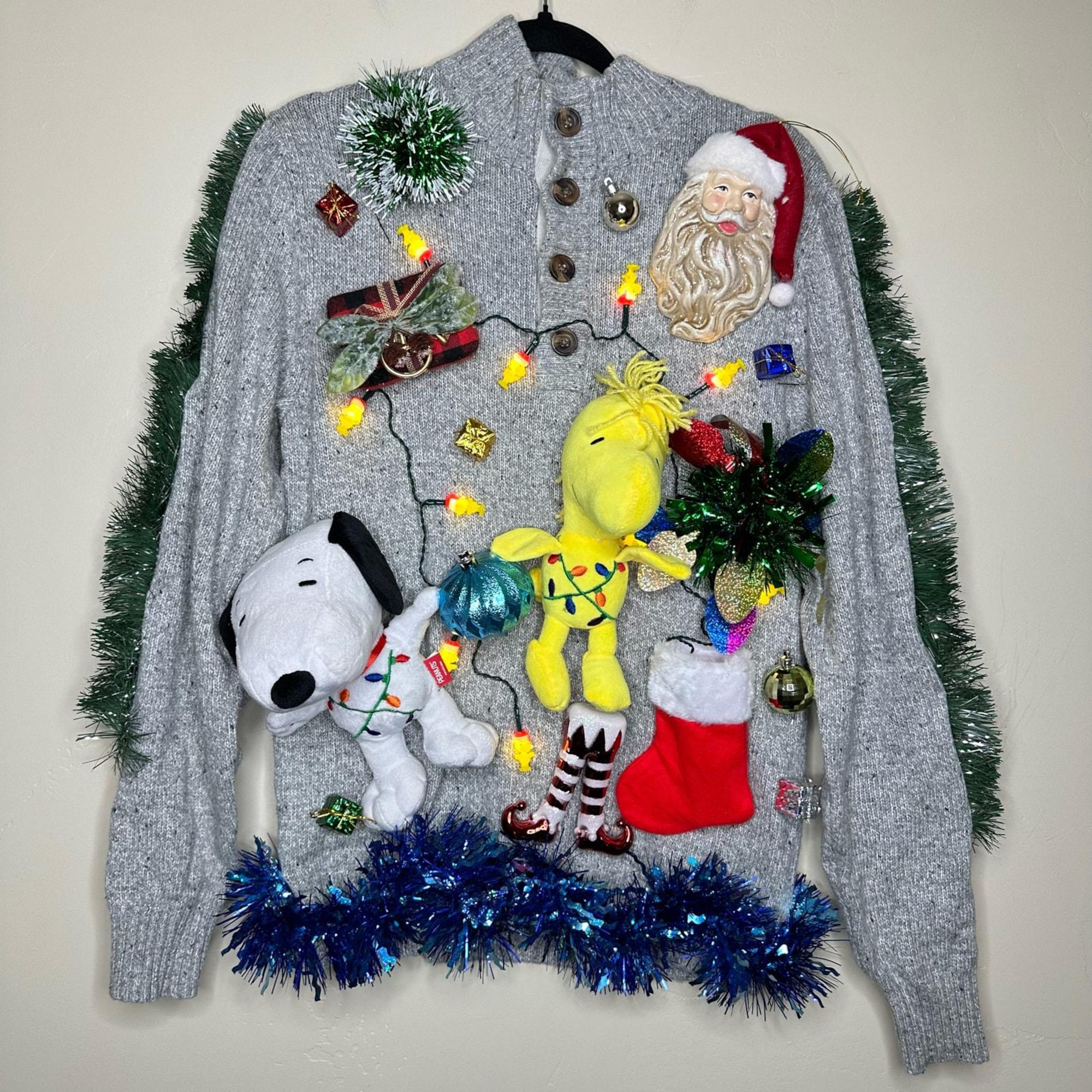 Ugly Christmas Sweater Snoopy Charlie Brown LIGHTS UP Tacky Tinsel Xmas Party Winner Size Small