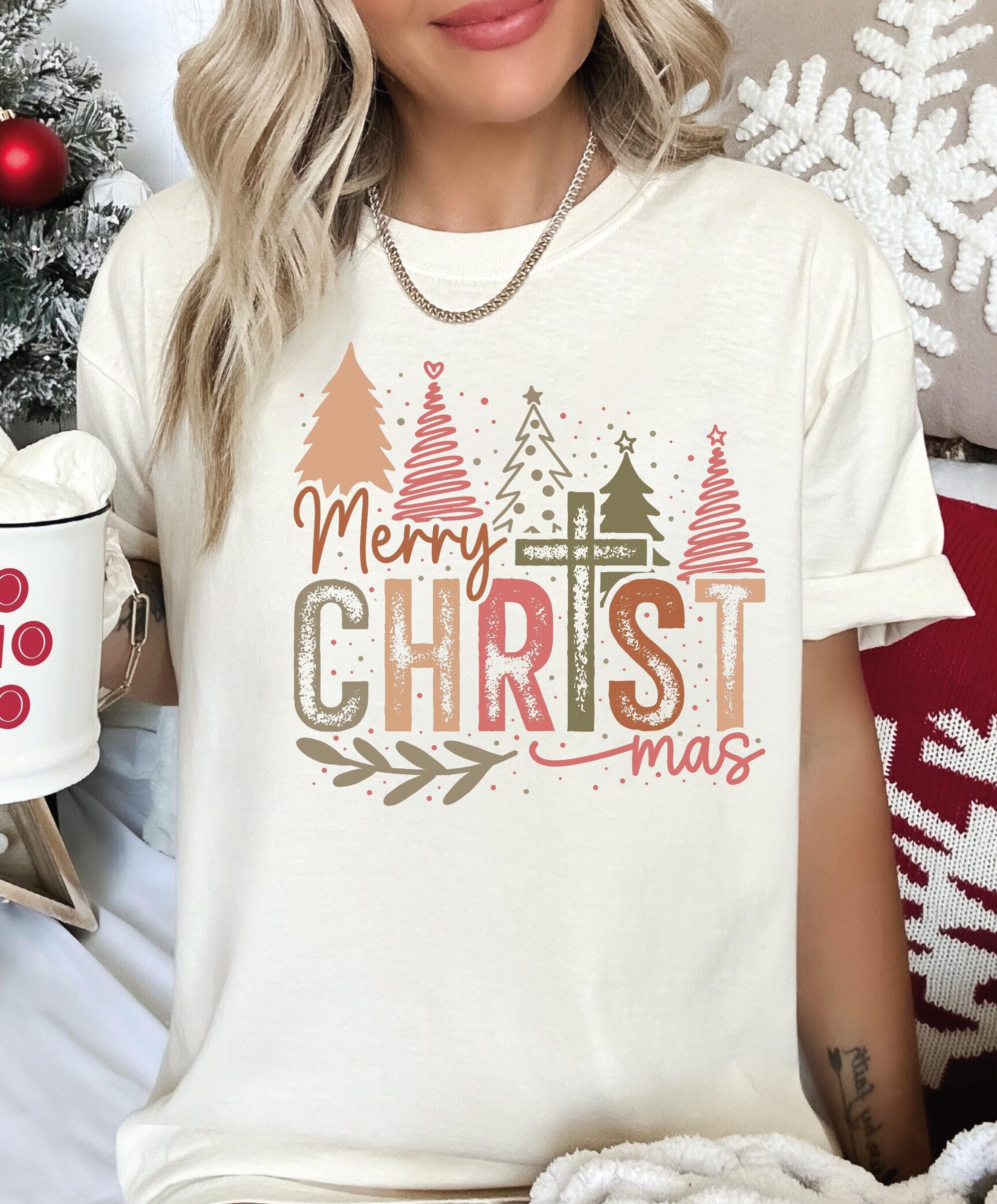 Merry Christmas Comfort Colors Shirt, Christian Christmas Shirt, Boho Christmas Tree Shirt, Religious Christmas Christmas Family Shirt L147
