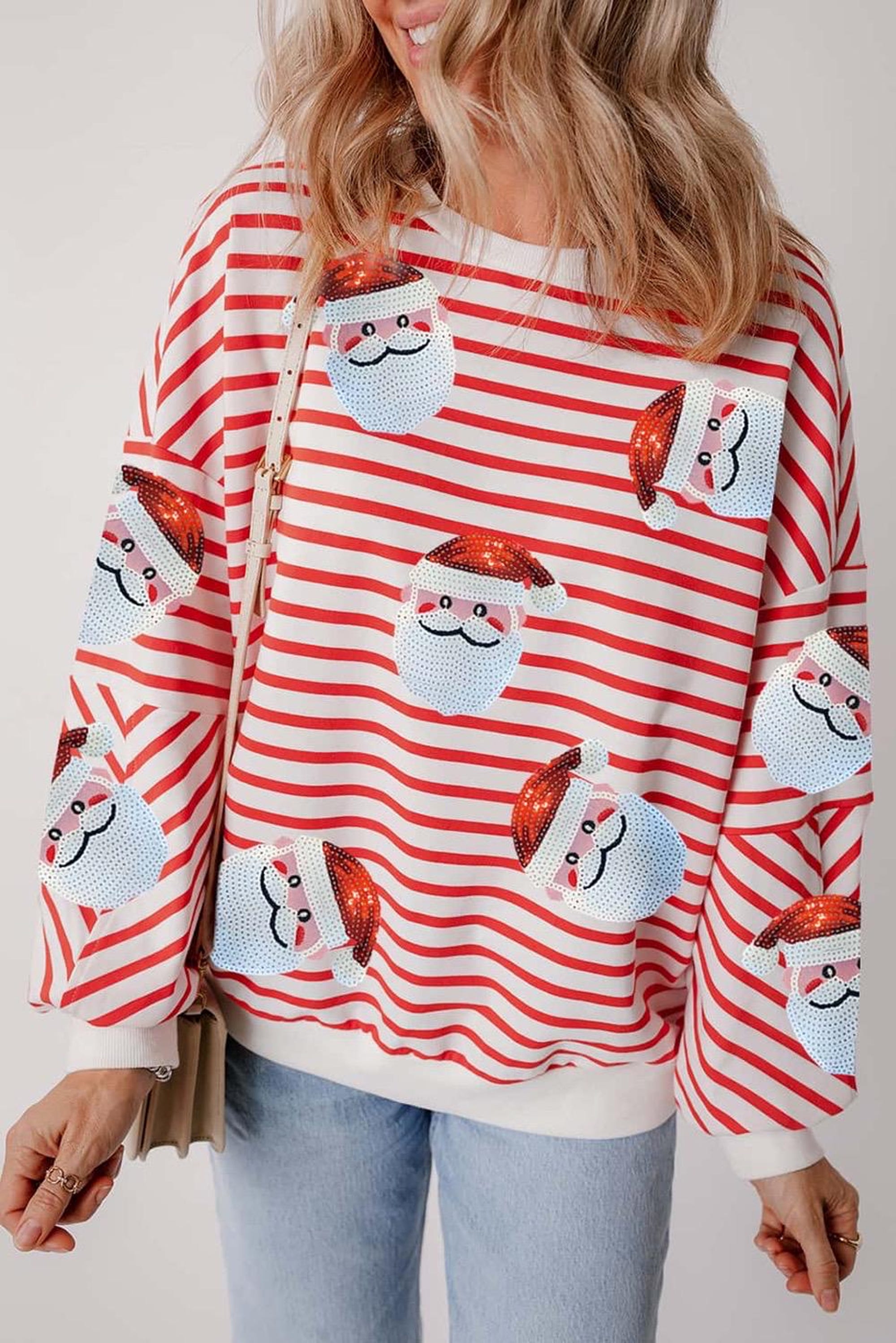 Sequin Santa Striped Shirt / Christmas Top / Holiday Shirt / Sequin Santa Patches