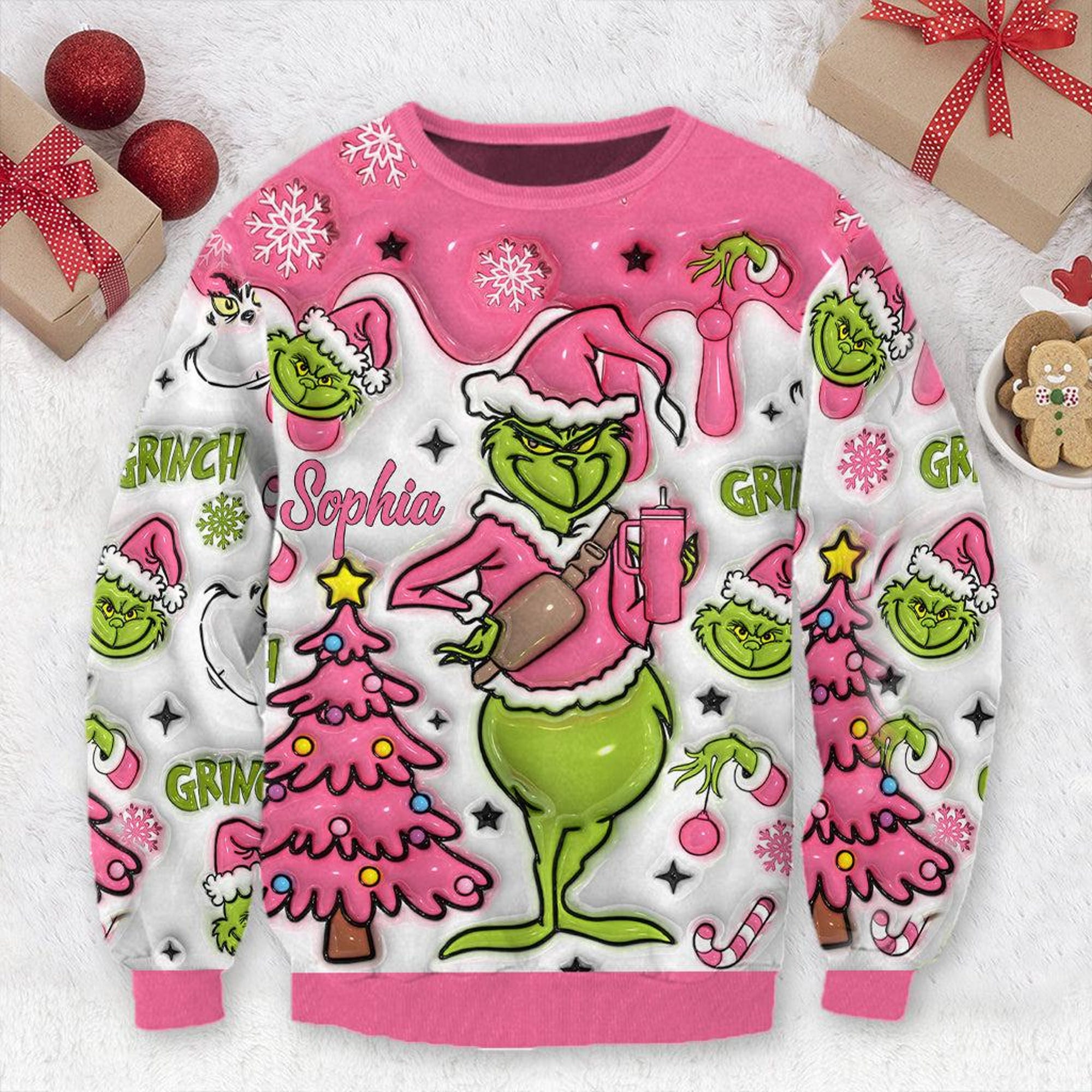 Personalized Pink Grinchy Sweatshirt, Custom Grinch Christmas Hoodie, Christmas Whoville Legging, Grinchmas Hoodie and Legging