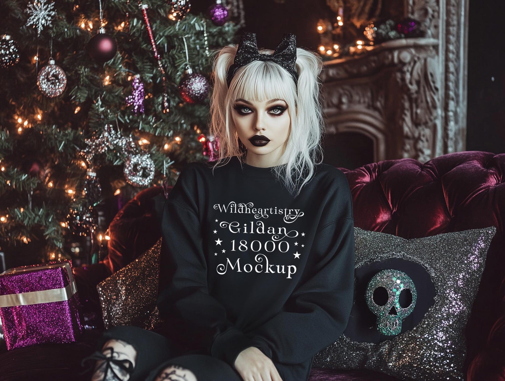 Christmas Gothic Mockup Xmas Holidays Whimsigoth Mock up Oversized Gildan 18000 Black Sweater Winter Mock up Alternative Model Mockup