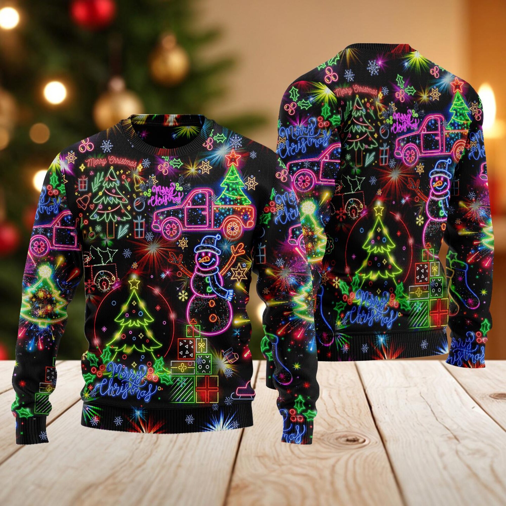 il_2000xN.6477687435_lchz.jpg Christmas Bright Neon Lighting Ugly Christmas Sweater, Santa Claus Neon Christmas Sweater, Reindeer Neon Light Xmas Sweatshirt, Xmas Party