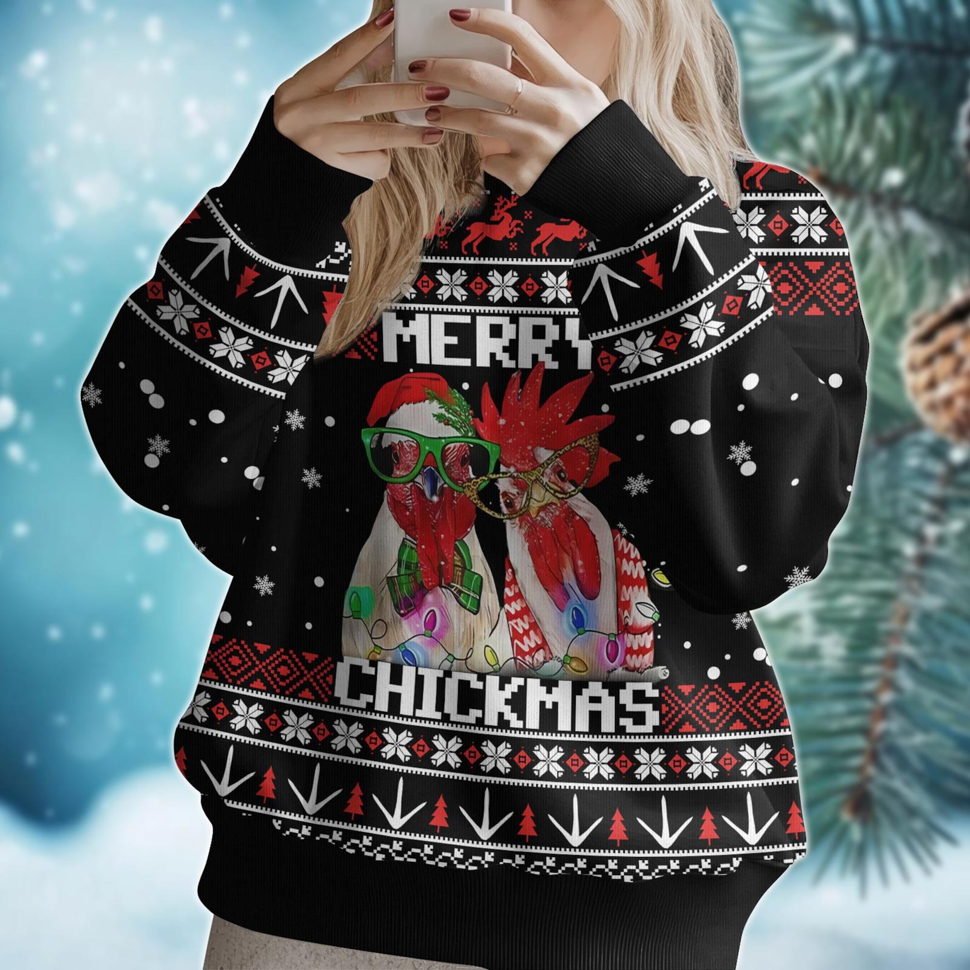 il_2000xN.6479506381_6g53.jpg Christmas Chicken Ugly Sweater, Merry Chickmas Sweater, Funny Rooster Ugly Christmas Sweater, Farmer Xmas Lights Shirt, Holiday Sweater