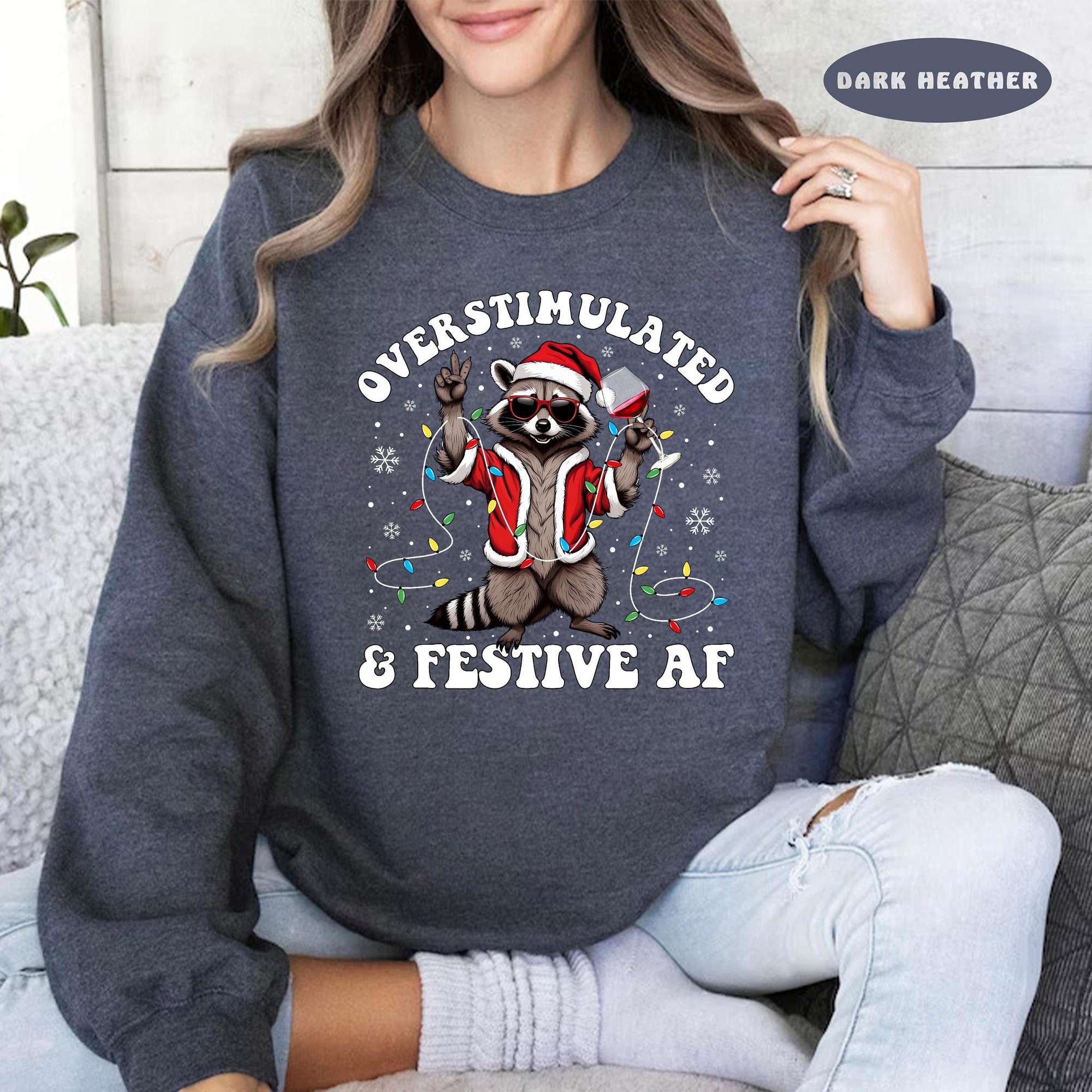 Overstimulated and Festive AF Raccoon Christmas Sweater, Vine Glass Sweater, Tangled Lights Sweater, Funny Weirdcore Sweater
