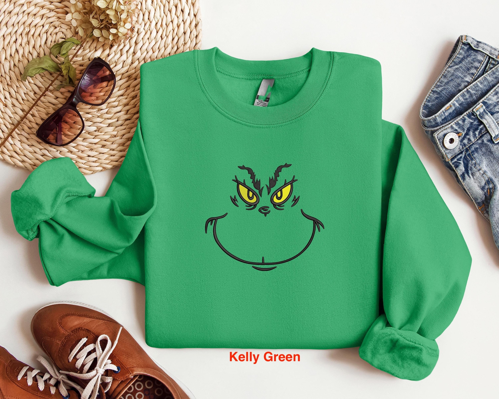 Embroidered Grinch Sweatshirt, Embroidered Grinch Face Shirt, Christmas Shirt, Christmas Grinch Sweatshirt, Grinch Face Sweatshirt