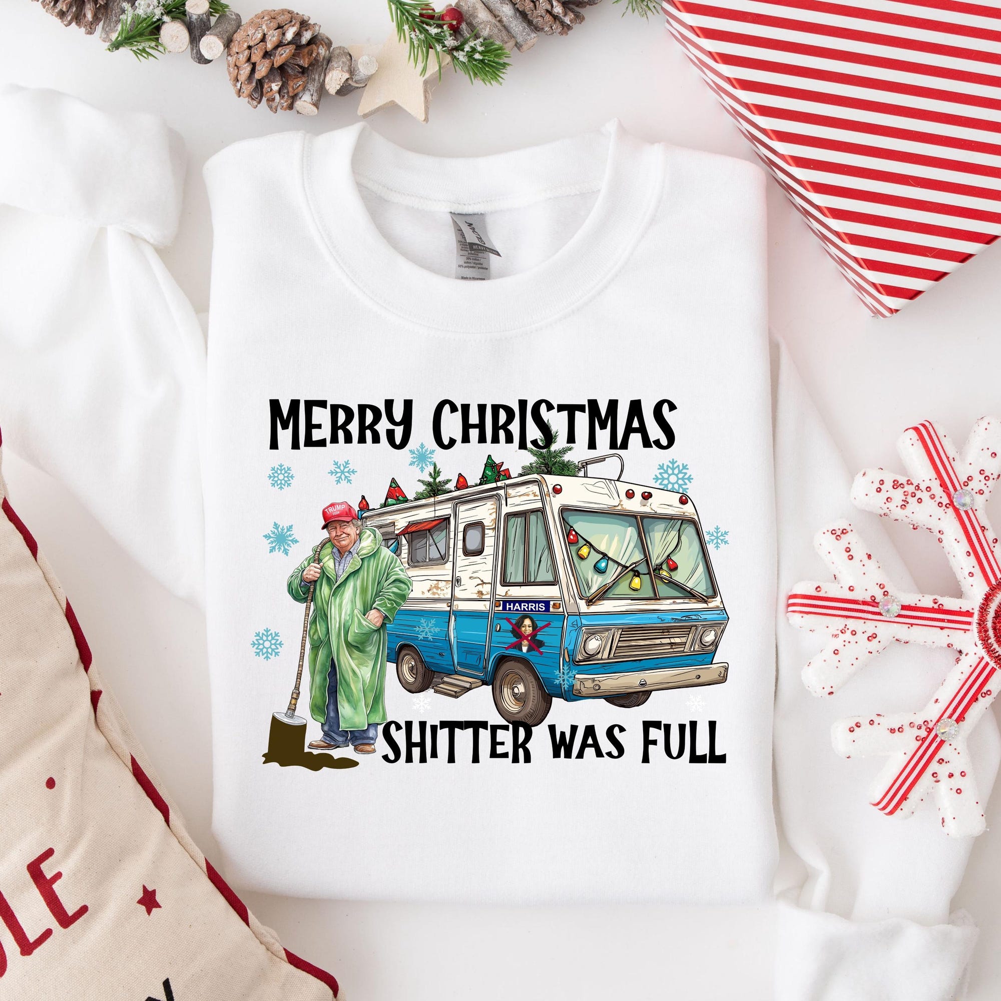 il_2000xN.6482898327_q5xs-1.jpg Merry Christmas Shitter Was Full Sweatshirt,Ugly Christmas Trump Tee, Santa Trump Election 2024 Christmas Shirt, I'll Be Home for Christmas