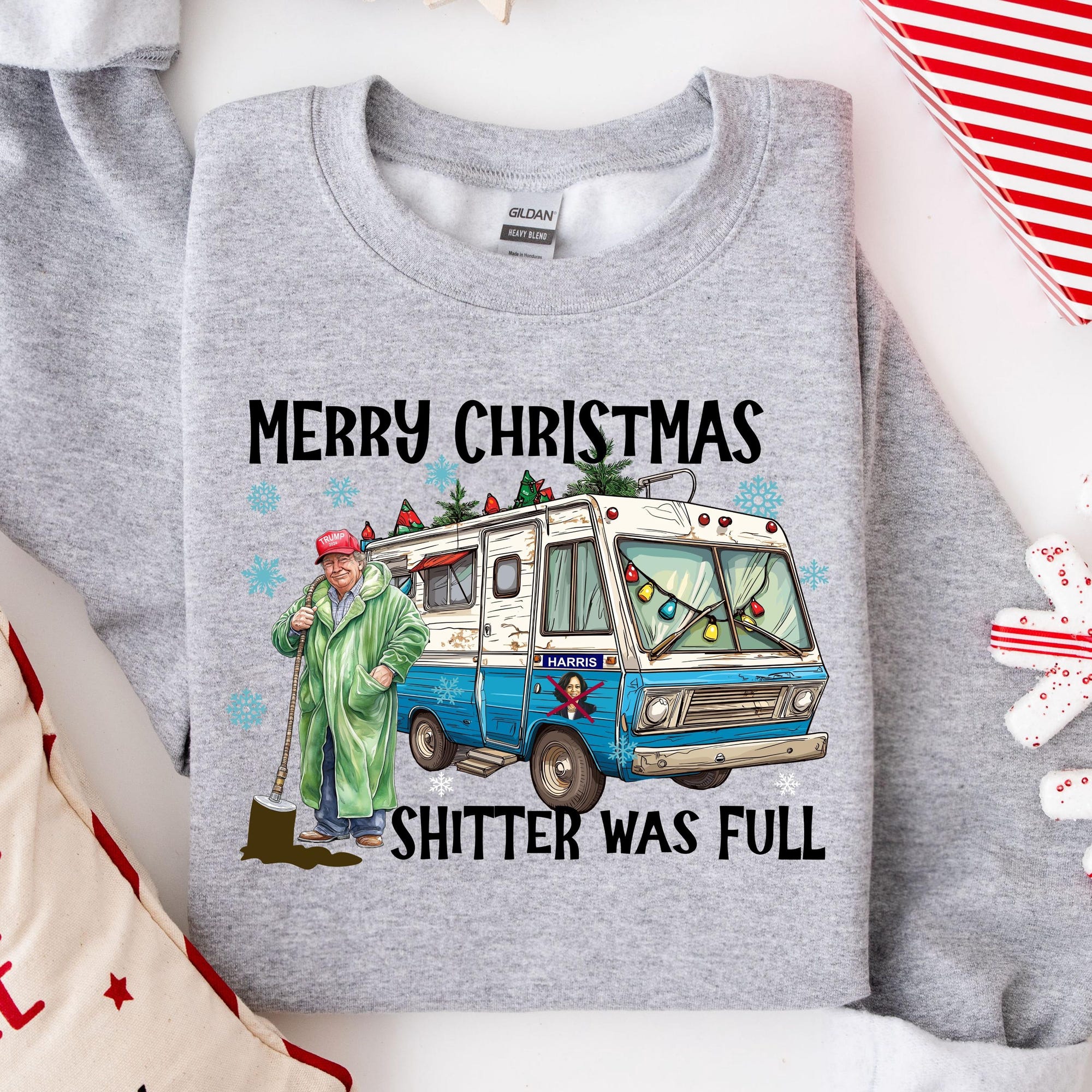 il_2000xN.6482898329_rhpc-1.jpg Merry Christmas Shitter Was Full Sweatshirt,Ugly Christmas Trump Tee, Santa Trump Election 2024 Christmas Shirt, I'll Be Home for Christmas
