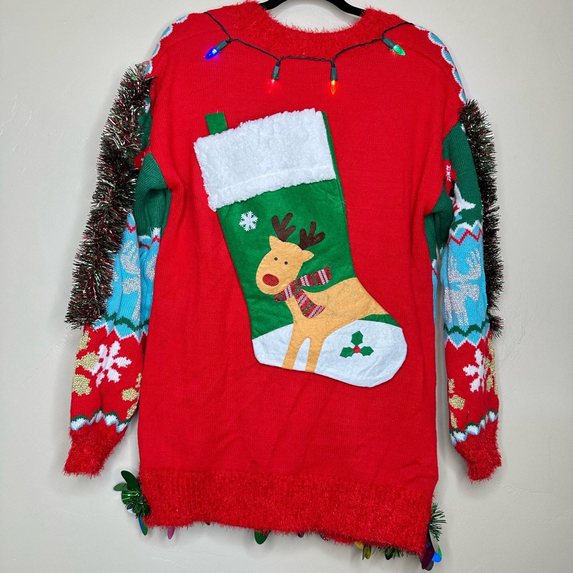 il_2000xN.6484666068_hbmm.jpg Ugly Christmas Sweater Cardigan LIGHTS UP Tacky Tinsel Xmas Party Winner Size Medium
