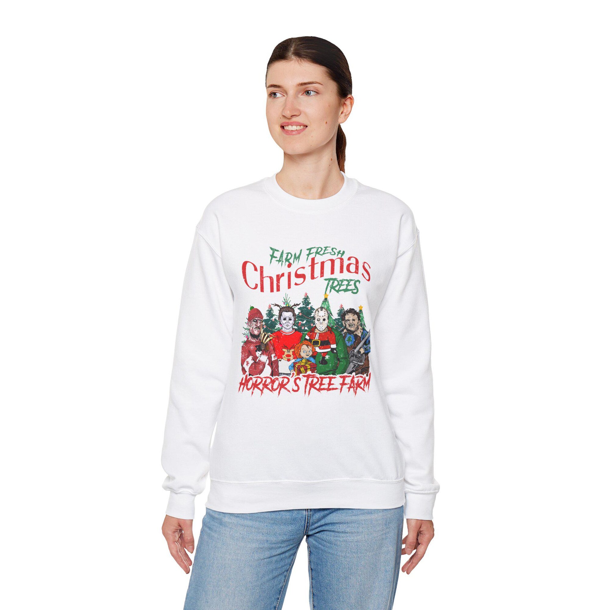 Horror Movies Festive Christmas Sweatshirt, Unisex Crewneck, Gifts for Horror Fans, Tree Farm Design, Horror legends, Festive Christmas