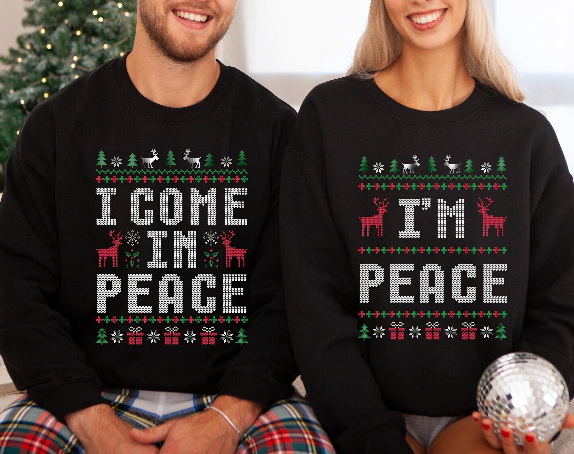 il_2000xN.6490954757_3y1b.jpg Funny Family Ugly Christmas Sweater, I Come in Peace I'm Peace Came From Peace Sweater, Humorous Matching Holiday Apparel Party Adult Humor