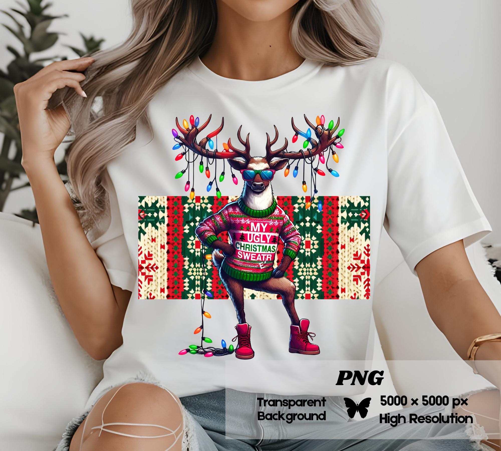 Funny Reindeer Ugly Christmas Sweater PNG: Women’s Design (Digital Download)