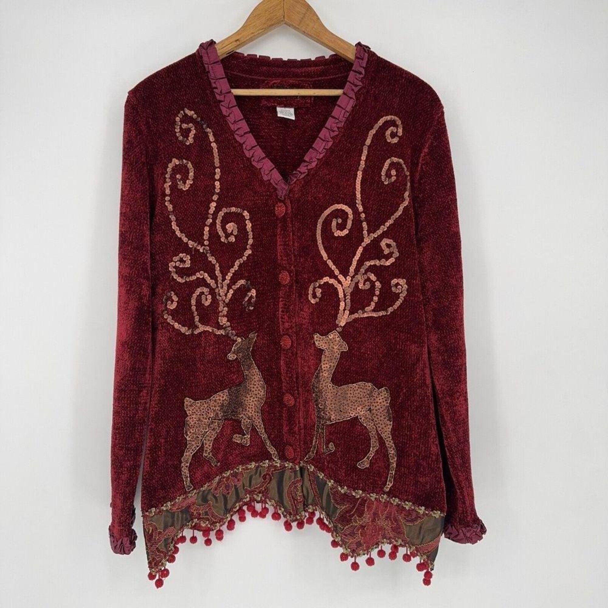 Ugly Christmas Sweater Red Sequins Beaded Reindeer Cardigan Women’s Large