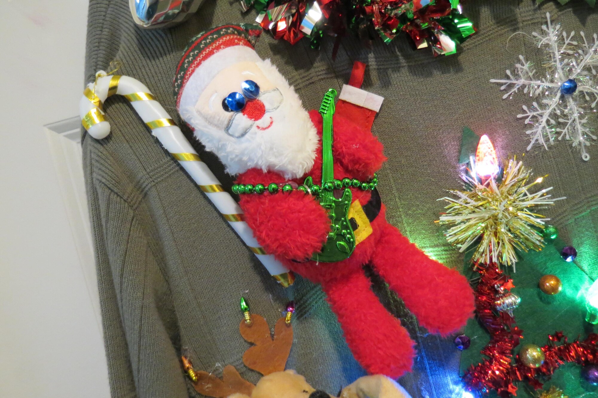 il_2000xN.6500333638_2zm8-1.jpg 3-D Santa and Reindeer Band, Music making, Tacky Ugly Christmas Sweater, Hilarious Fun unisex XLarge, funny sweater, Rockin Reindeer