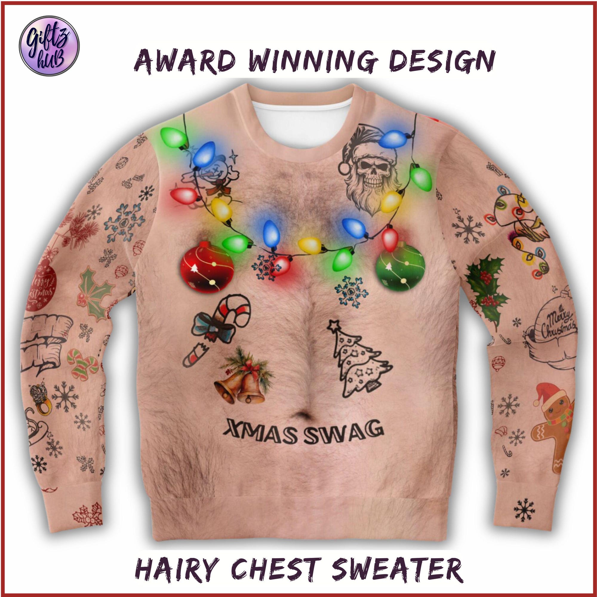 Funny ugly christmas sweater for men women, Hairy chest xmas ugly sweater, Adult humor Inappropriate ugliest christmas party jumper tops 4XL