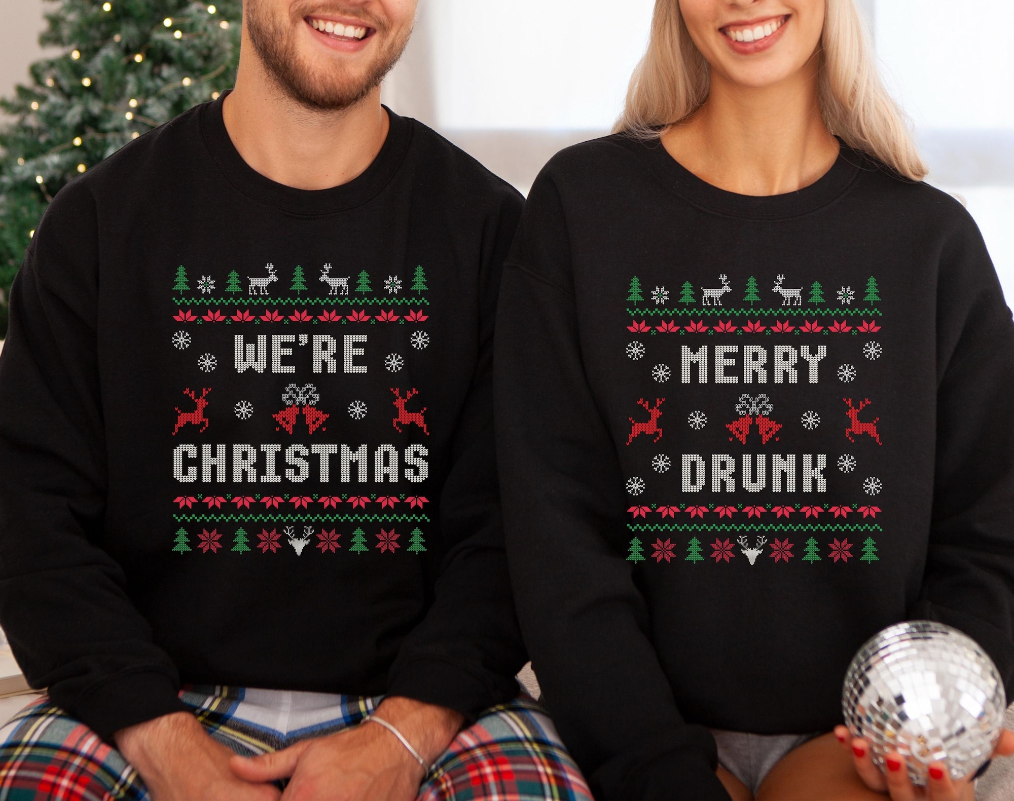 Funny Couple Ugly Christmas Sweater, Merry Drunk We’re Christmas Ugly Sweater Humorous Couples Matching Fun Holiday Apparel Holiday Party