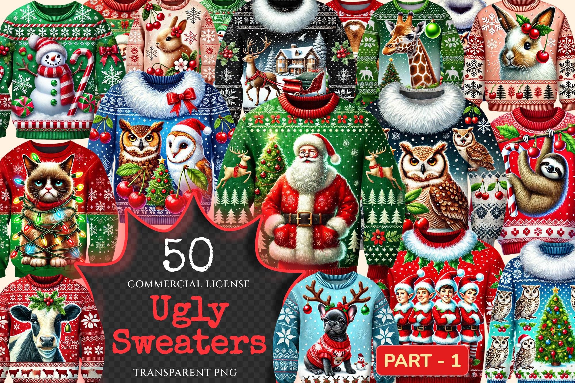 Ugly Sweaters PNG Clipart Collection – 50 PNG, Festive x-mas graphics, Holiday sweater art, Commercial use, Digital download