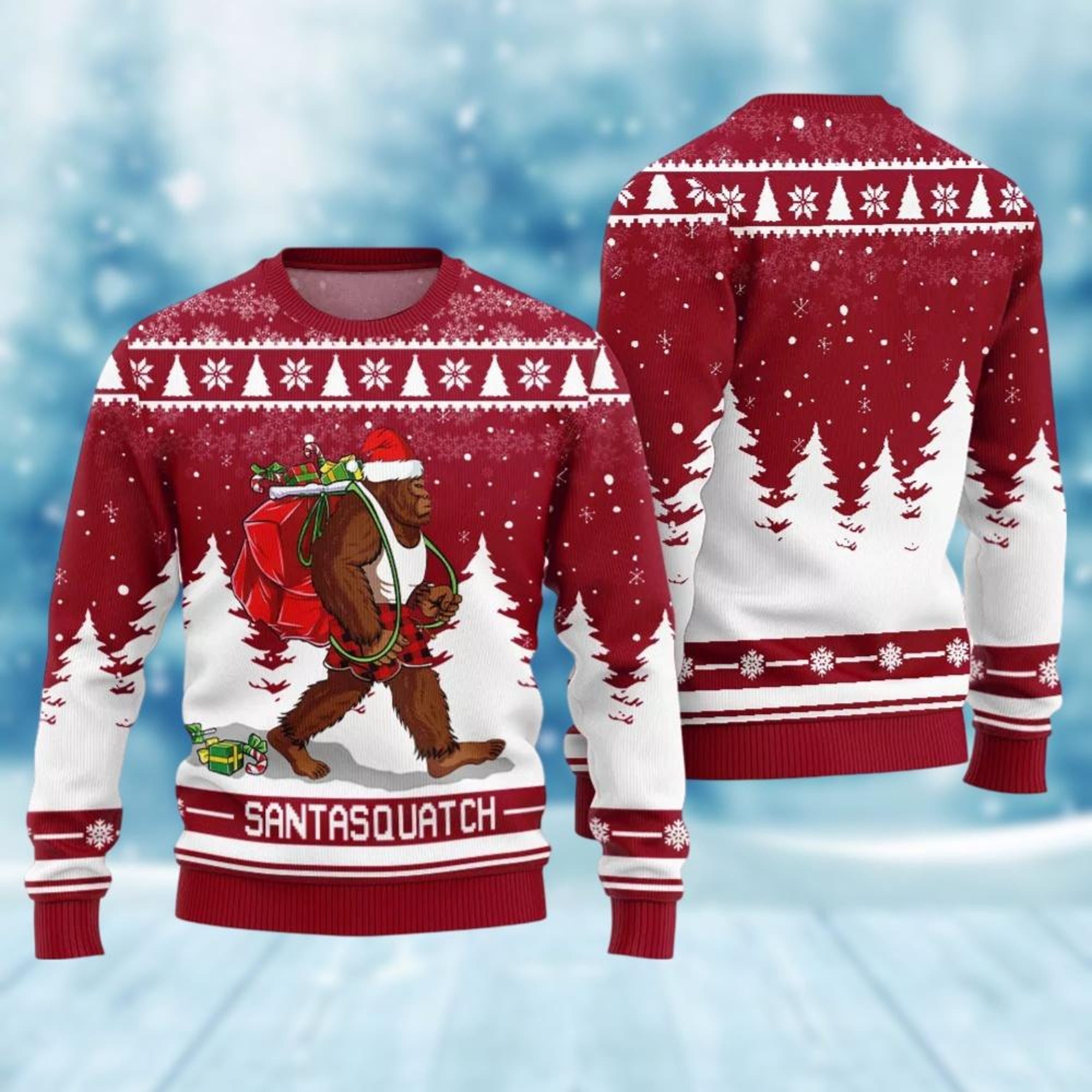 Christmas Bigfoot Ugly Sweater, Santa Sasquatch Xmas Sweater, Camping Holiday Sweater, Gifts For Hikers, Animal Lover Christmas Gift