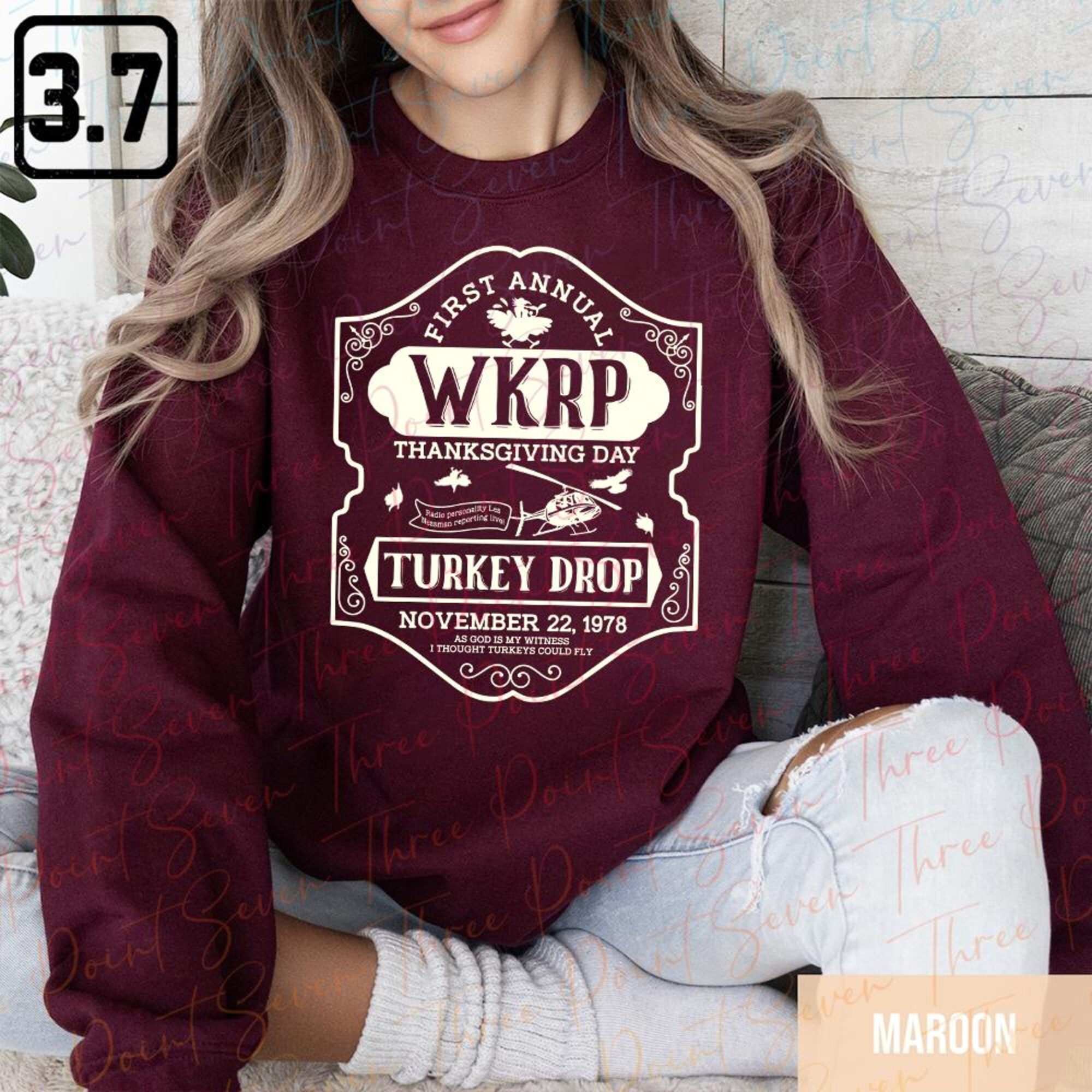 il_2000xN.6516108877_78ir-1.jpg Vintage Turkey Drop WKRP Sweatshirt, First Annual WKRP Thanksgiving Day Sweatshirt TH0104