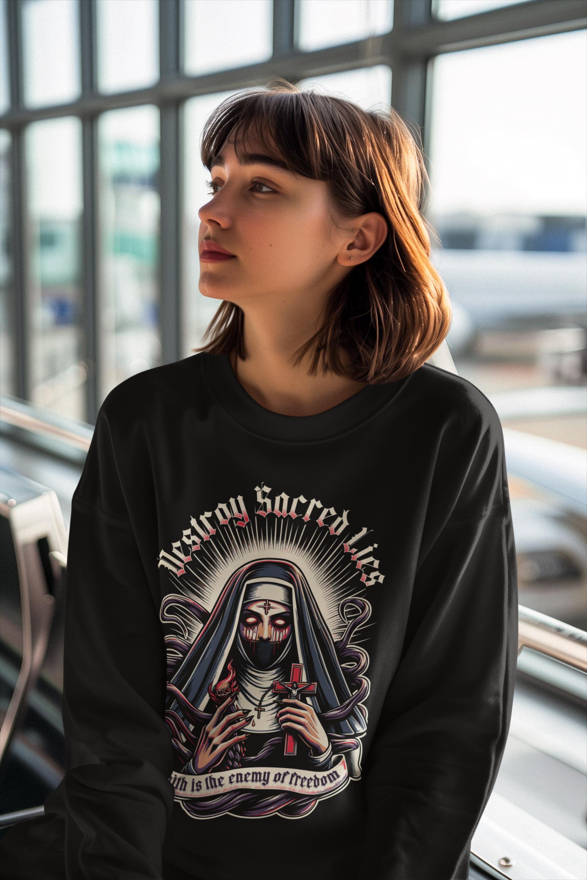 il_2000xN.6516313039_rnrp-1.jpg Women's Gothic Sweatshirt, Anti-Religion Clothing, Unisex Crewneck Jumper, Sinister Nun Design, Anti-Churh Gift for Her, Atheist Apparel