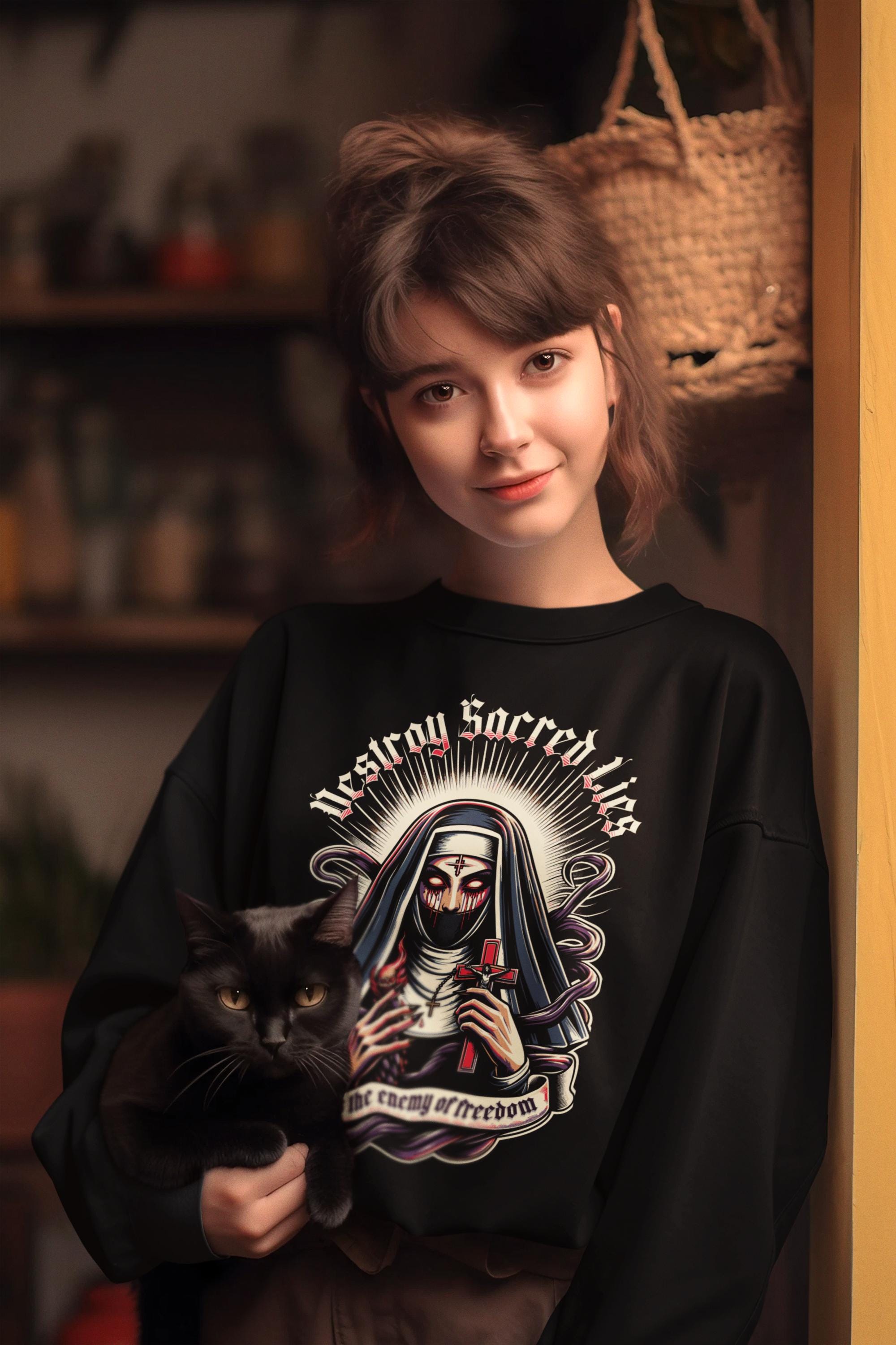 il_2000xN.6516313163_sf4b-1.jpg Women's Gothic Sweatshirt, Anti-Religion Clothing, Unisex Crewneck Jumper, Sinister Nun Design, Anti-Churh Gift for Her, Atheist Apparel