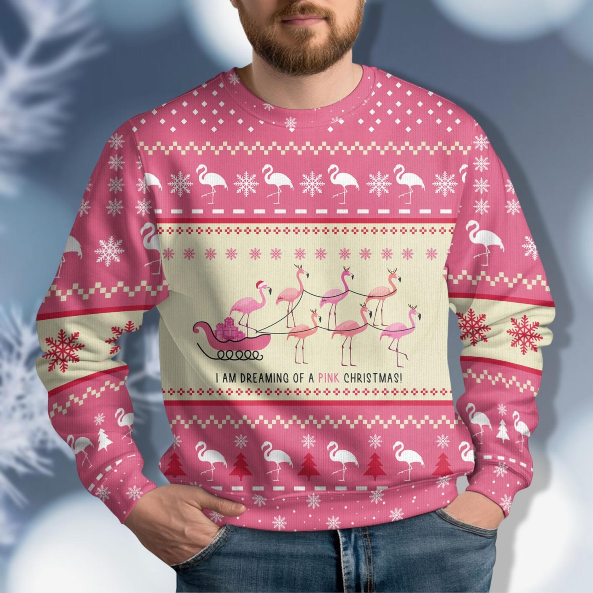 Flamingo Ugly Christmas Sweater, Pink Bird Ugly Sweater, Cute Bird Christmas Sweater, Pink Xmas Sweater, Women Christmas Sweater