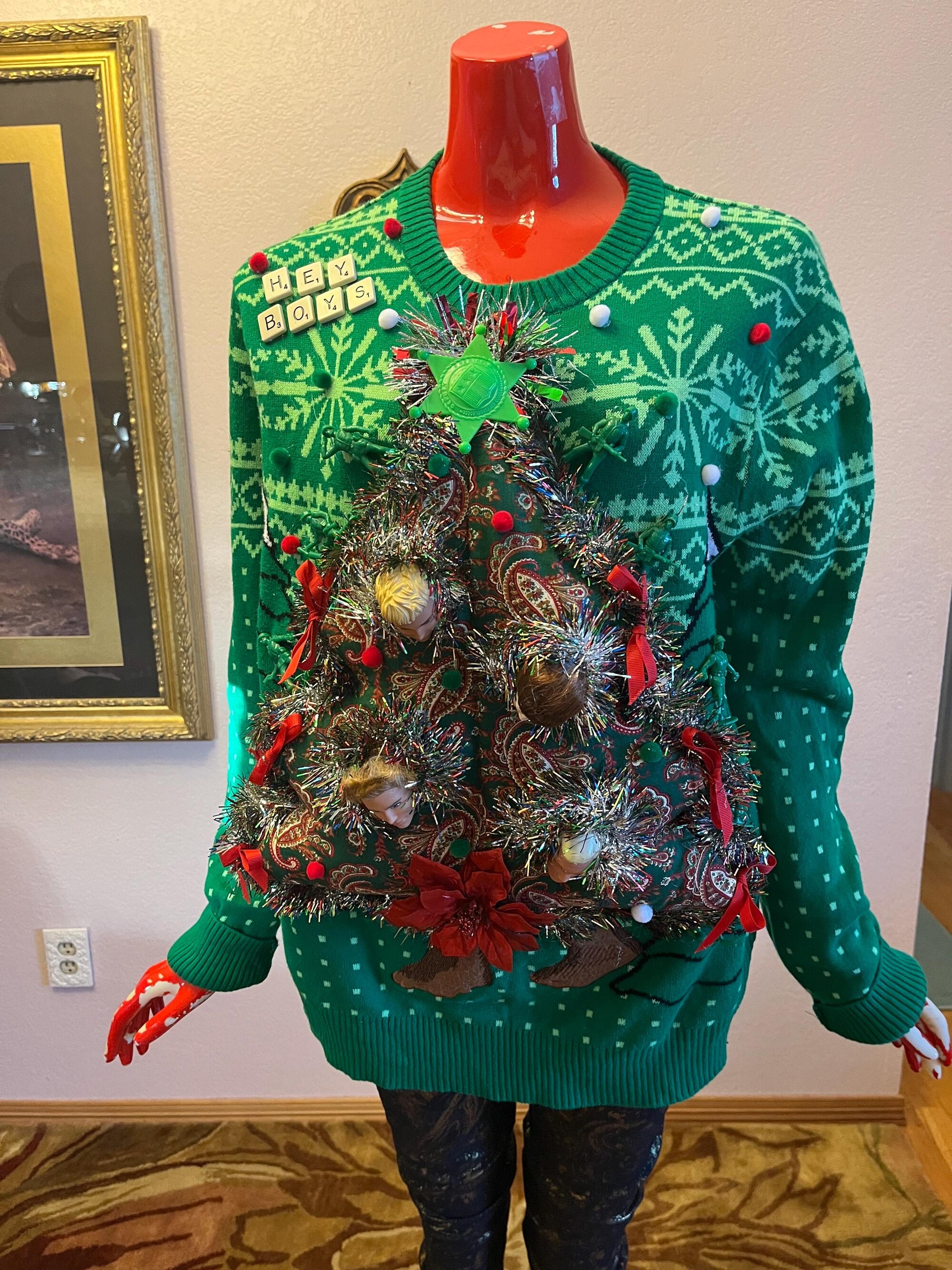 Ugly Christmas sweater MENS medium (or women large).  KEN is popping on the tree.  Next day shipping USPS, 3 days in transit, it’s yours.