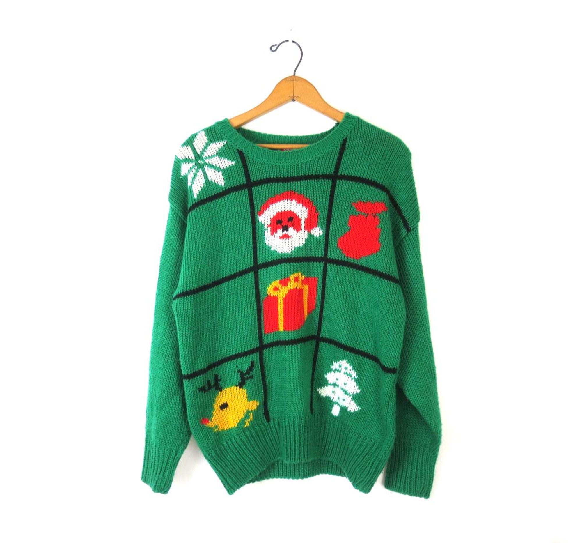 Vintage 1980s Ugly Christmas Sweater Green Novelty sweater Tacky Xmas Party Sweater Women’s Size Medium Large