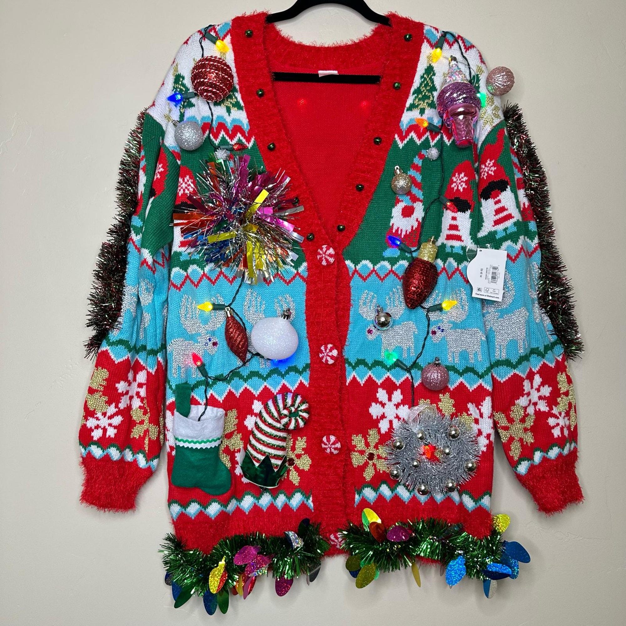 Ugly Christmas Sweater Cardigan LIGHTS UP Tacky Tinsel Xmas Party Winner Size Medium